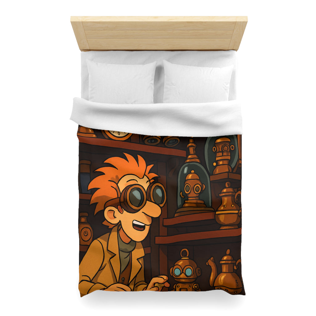 Housse de couette steampunk avec engrenages dorés et inventeur aux lunettes futuristes