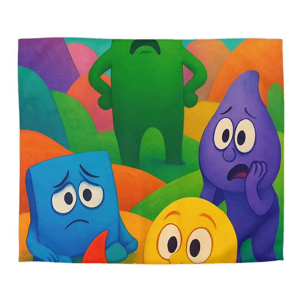 Housse de couette colorée avec personnages expressifs sur fond de collines arc-en-ciel