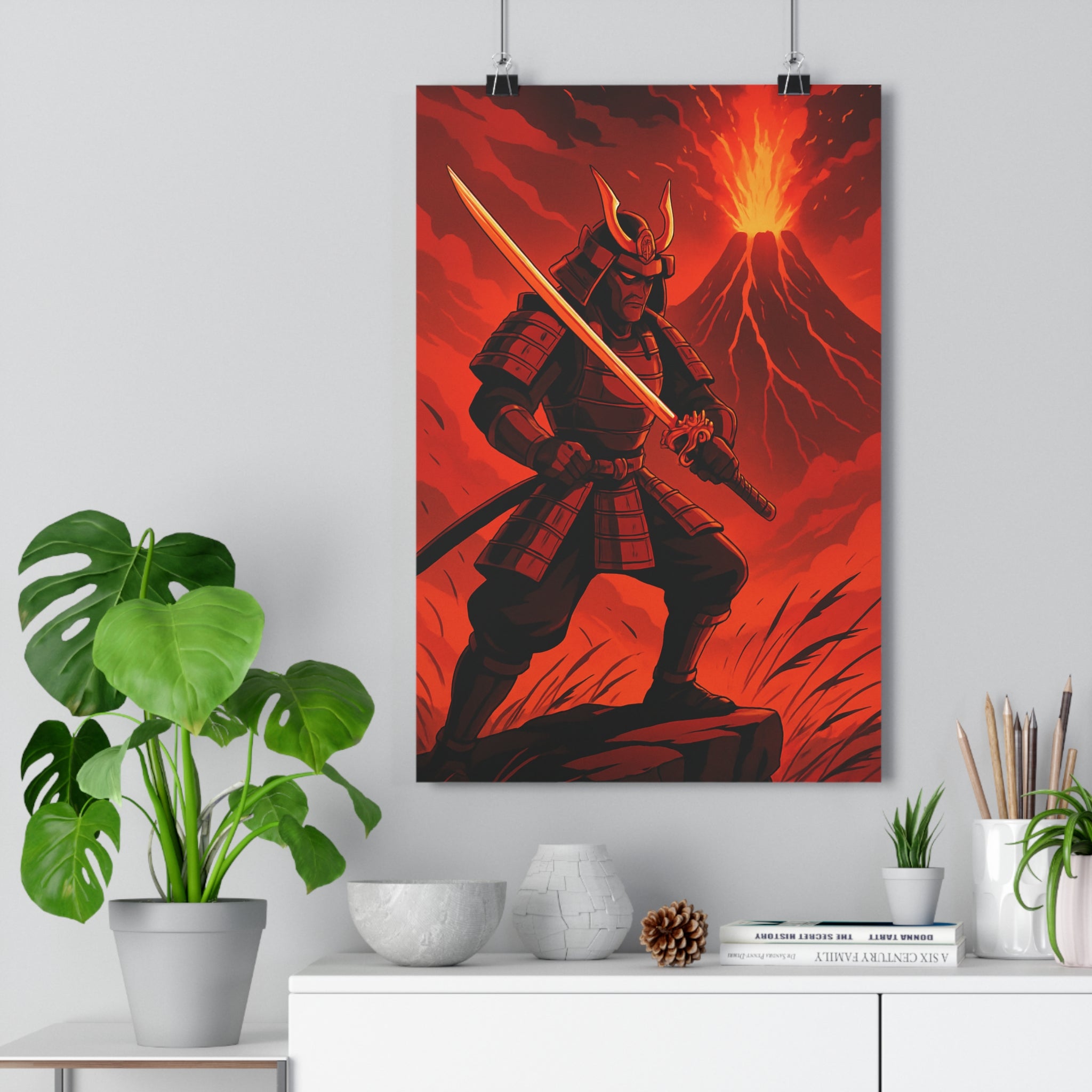 Poster décoratif anime épique rouge noir samouraï armure volcan salon bureau intense 30x46 qualité