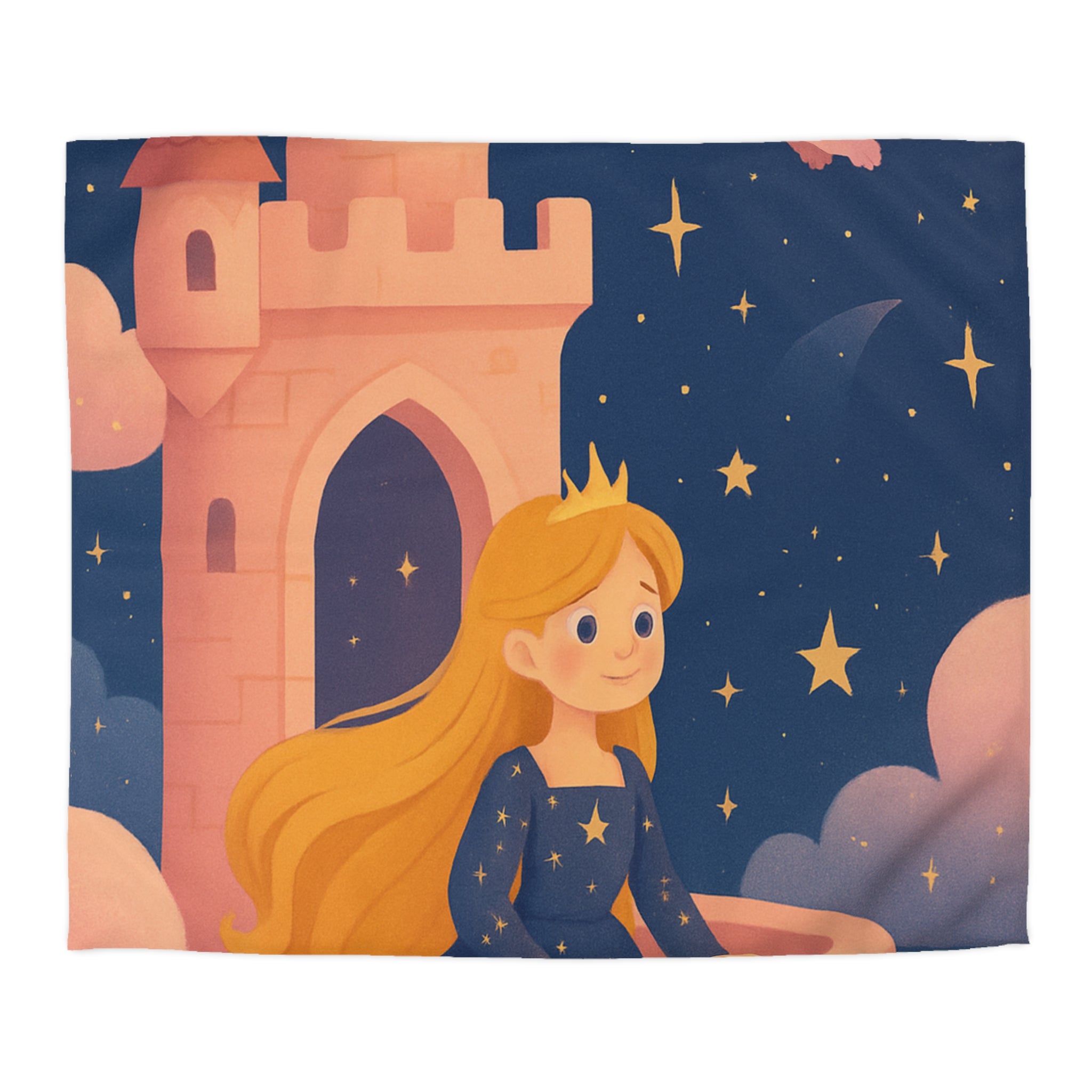 Housse de couette princesse rêveuse château et dragon volant étoiles scintillantes nuit