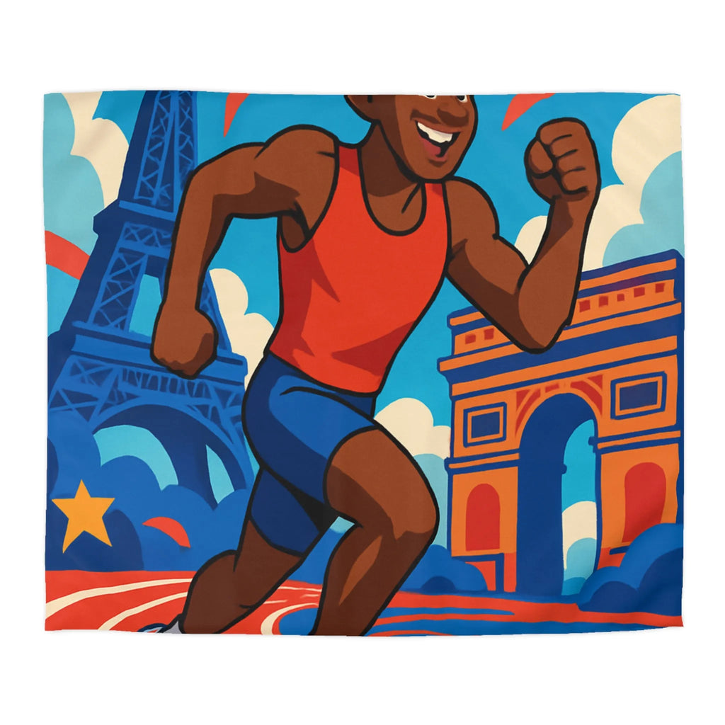 Couverture de lit sportive avec athlète vibrant et monuments emblématiques pour chambre dynamique