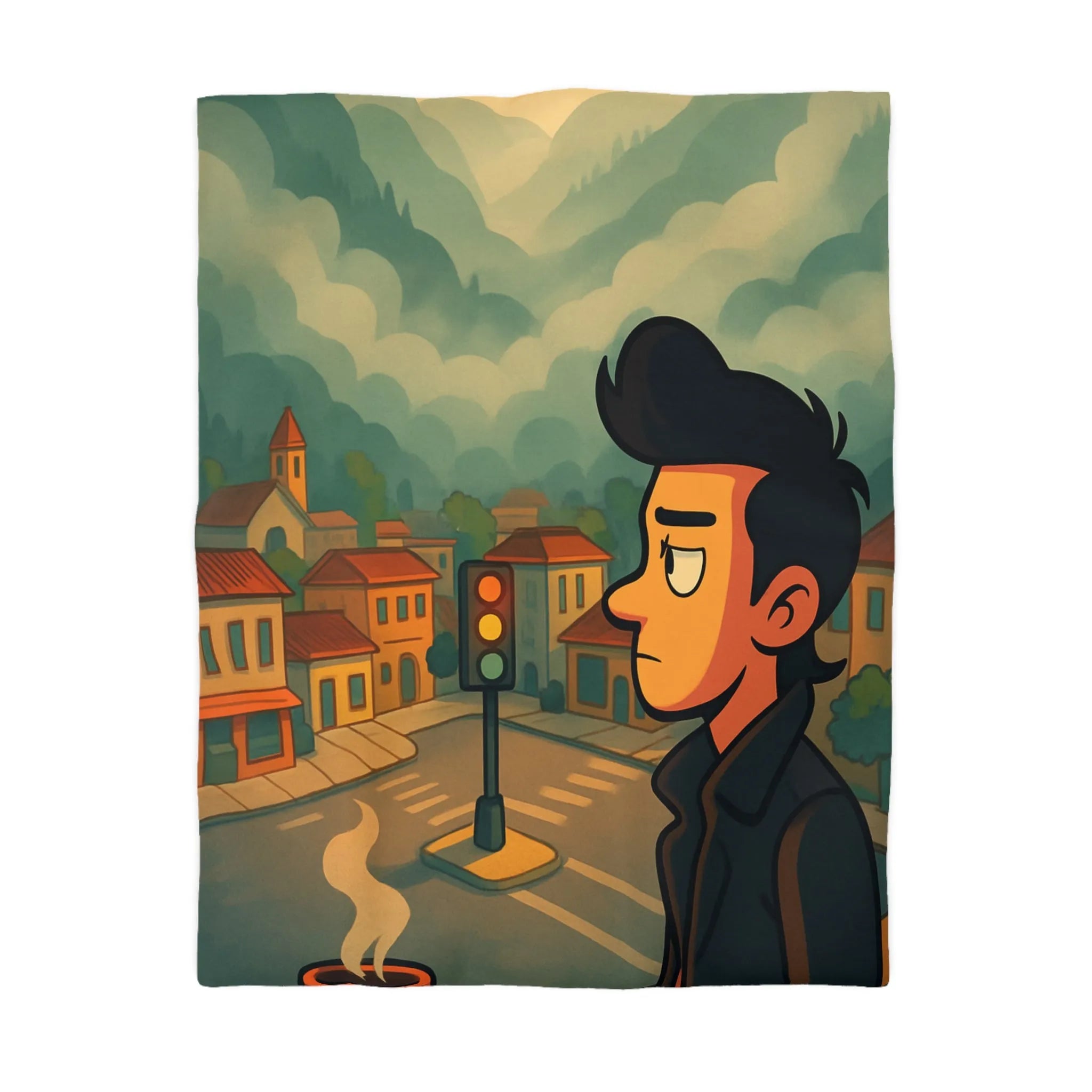 Housse de couette illustrée avec homme pensif, village pittoresque et montagnes apaisantes