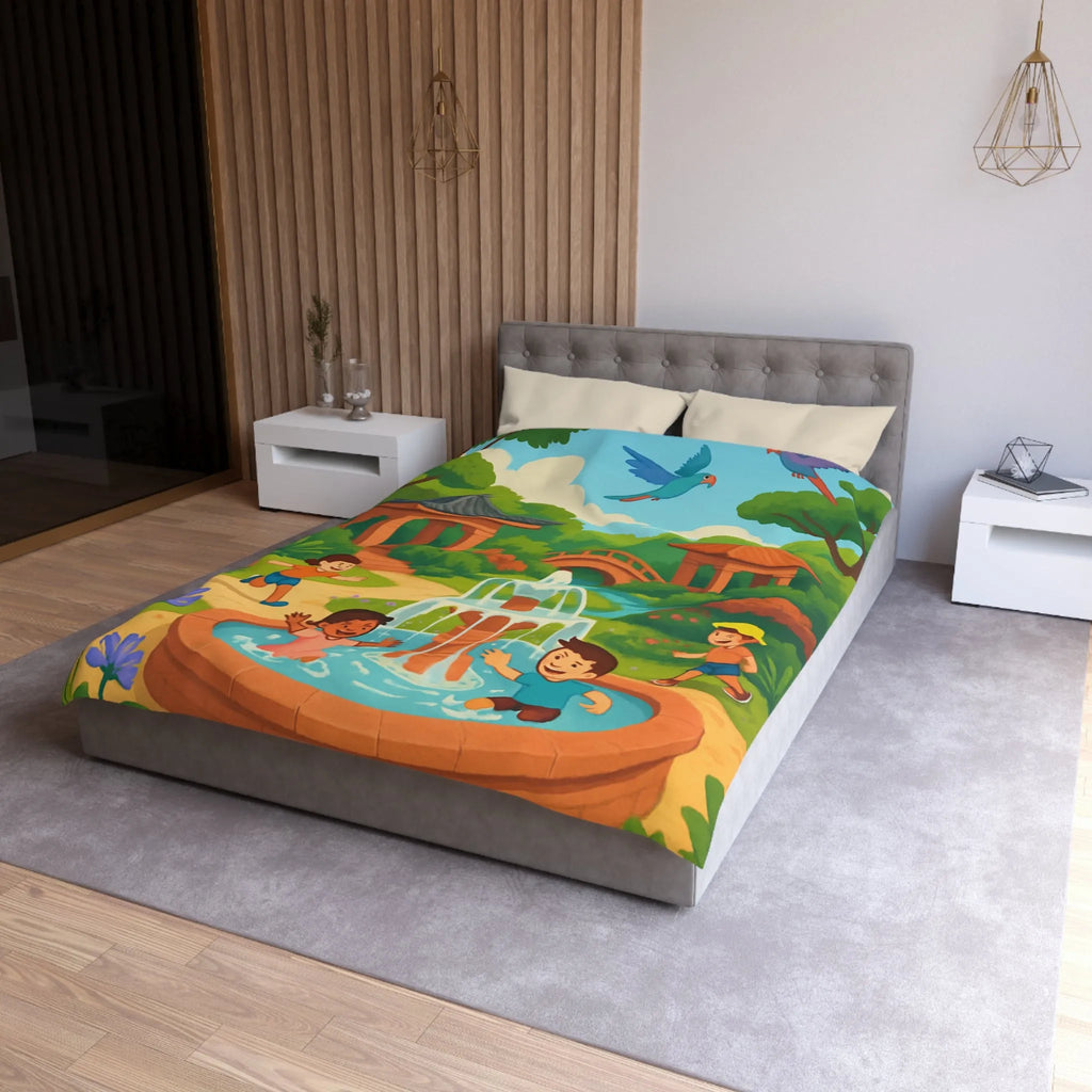 Housse de couette colorée avec enfants jouant autour d'une fontaine joyeuse au parc