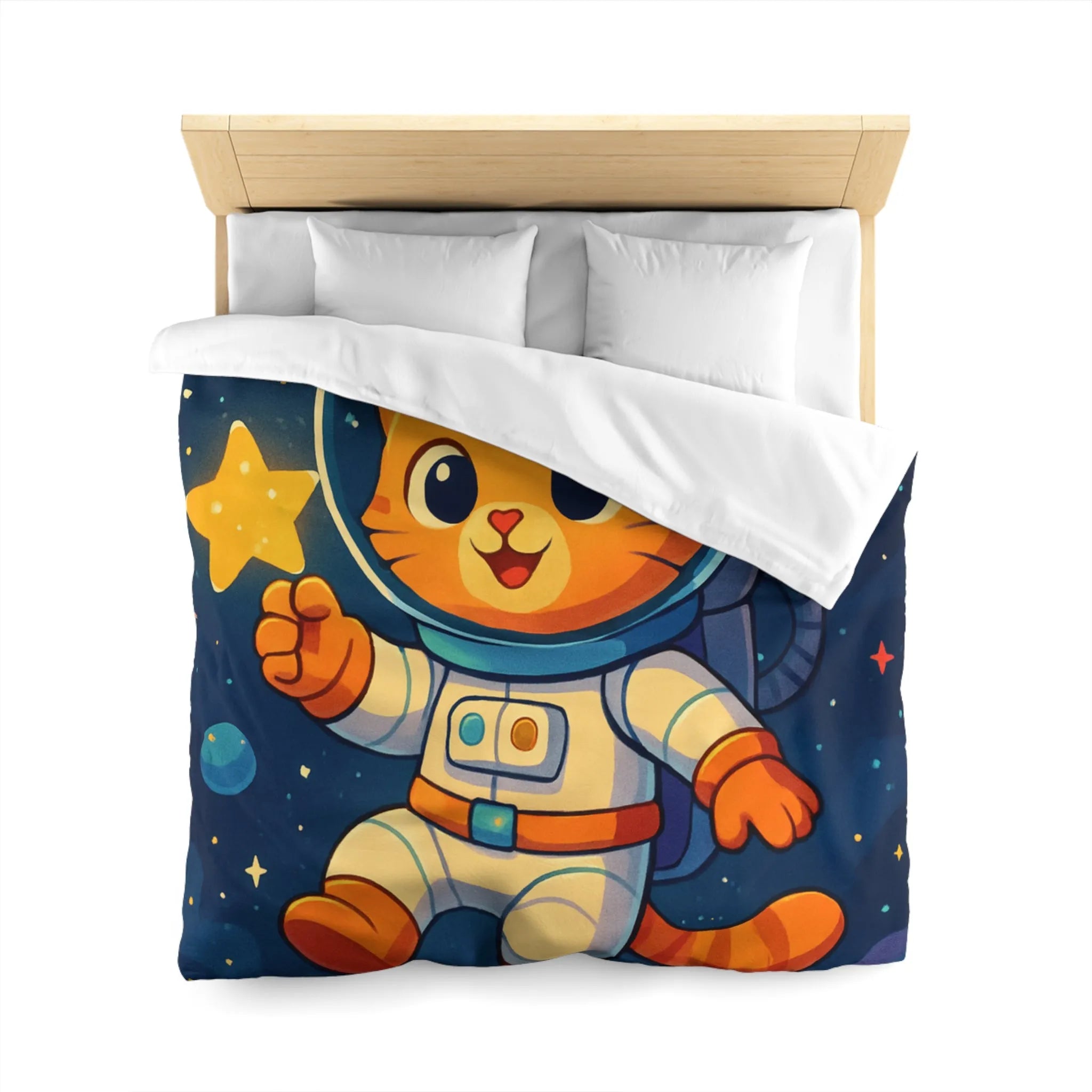 Housse de Couette avec Chat Astronaute et Étoiles dans Espace Coloré pour Enfants
