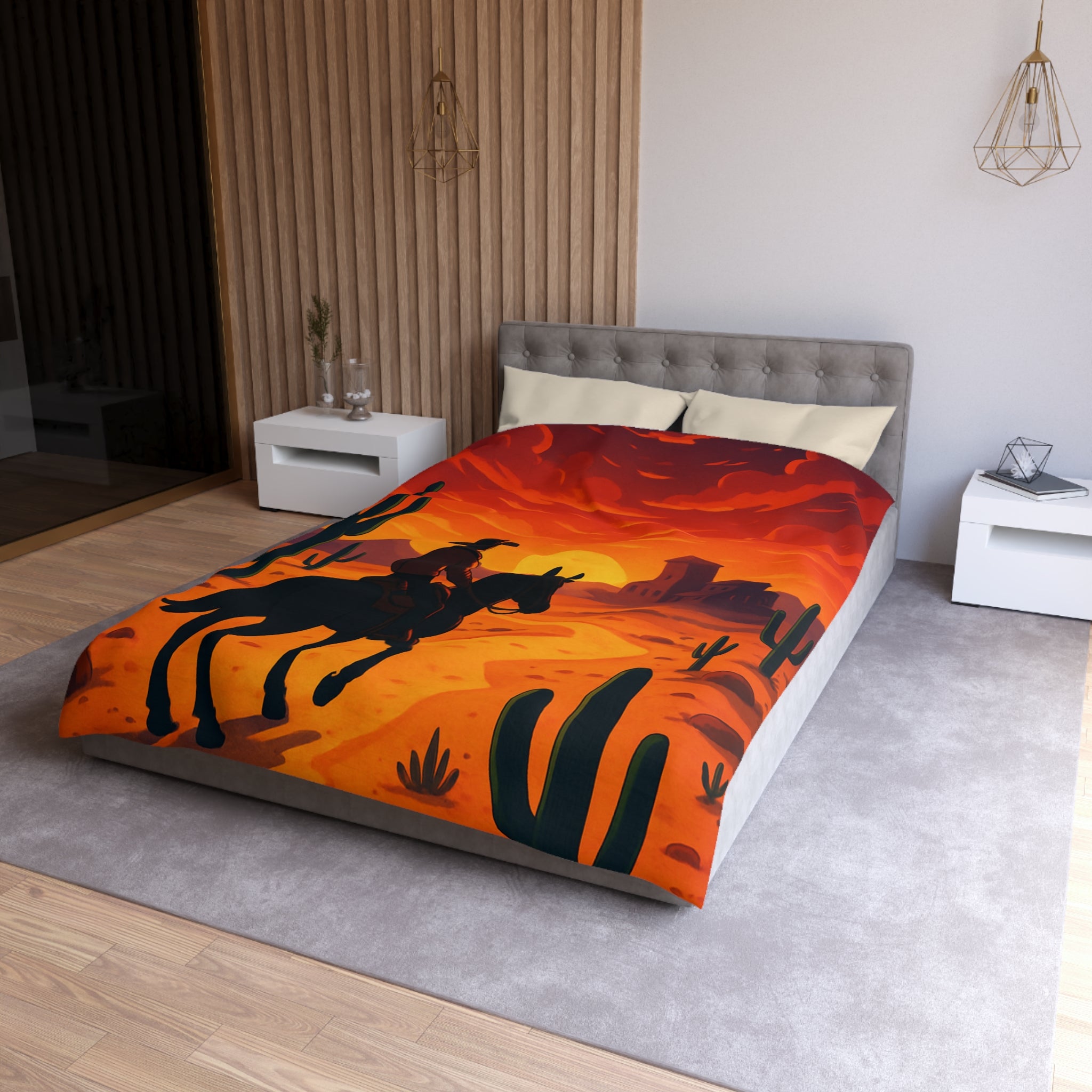 Housse de Couette Stylée Désert Crépusculaire avec Cowboy et Cactus Silhouettes