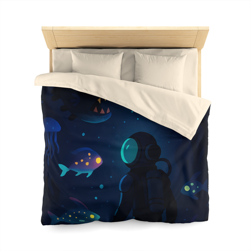 Housse de couette océanique avec plongeur et créatures marines lumineuses mystérieuses