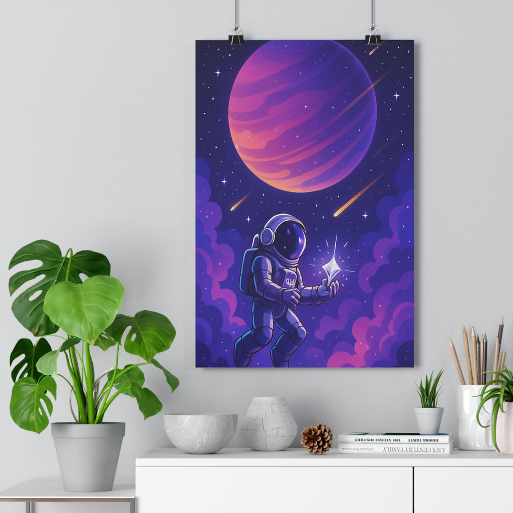 Poster décoratif mystérieux astronaute violet orange futuriste cosmos espace chambre bureau tendance ambiance qualité