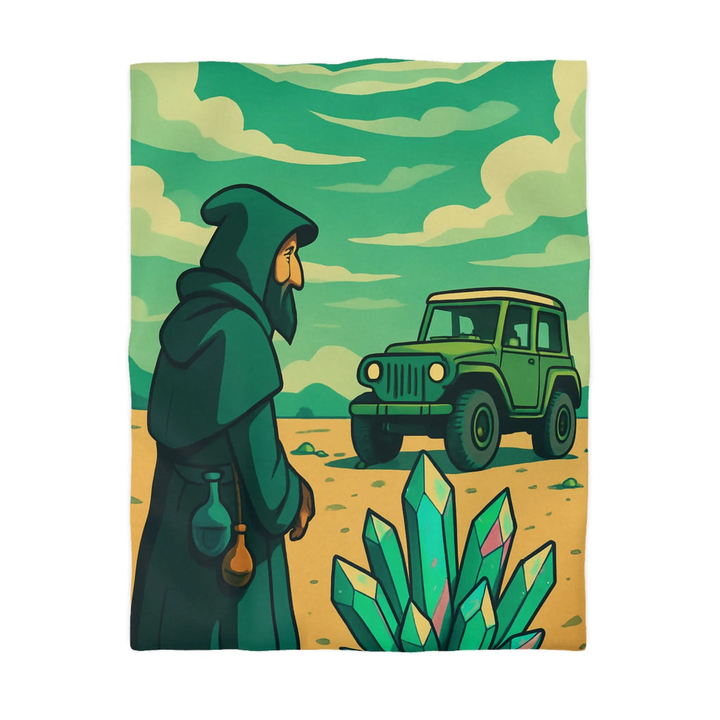 Housse de couette illustrée avec paysage surnaturel, grotte colorée et véhicule tout-terrain