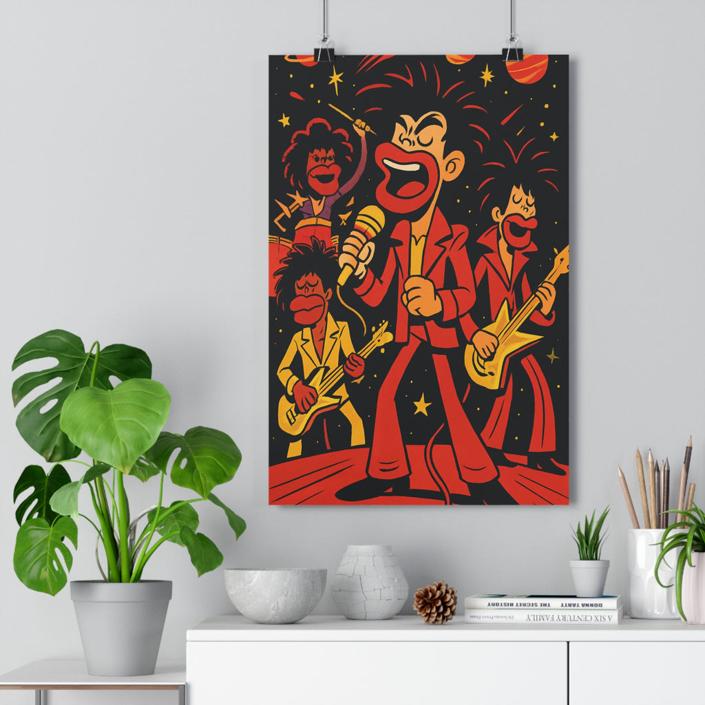 Poster décoratif rétrofuturiste rouge jaune noir musique scène cartoon salon dynamique interstellaire ambiance qualité