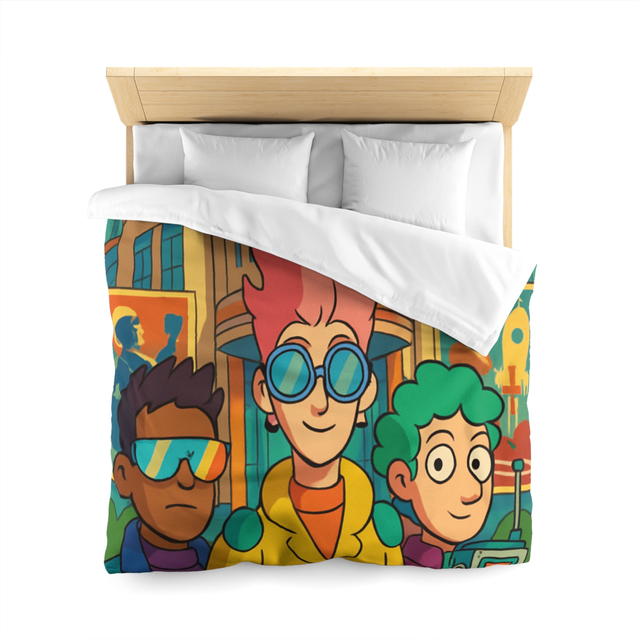 Housse de couette rétro futuriste colorée avec personnages et architecture urbaine stylisée