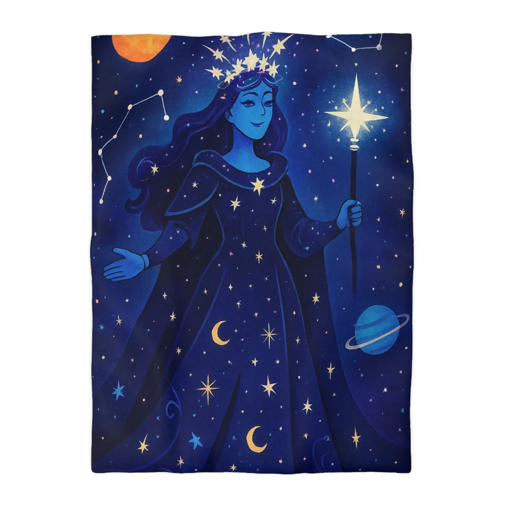 Housse de couette illustration déesse cosmique étoiles lune mystique bleu nuit magique