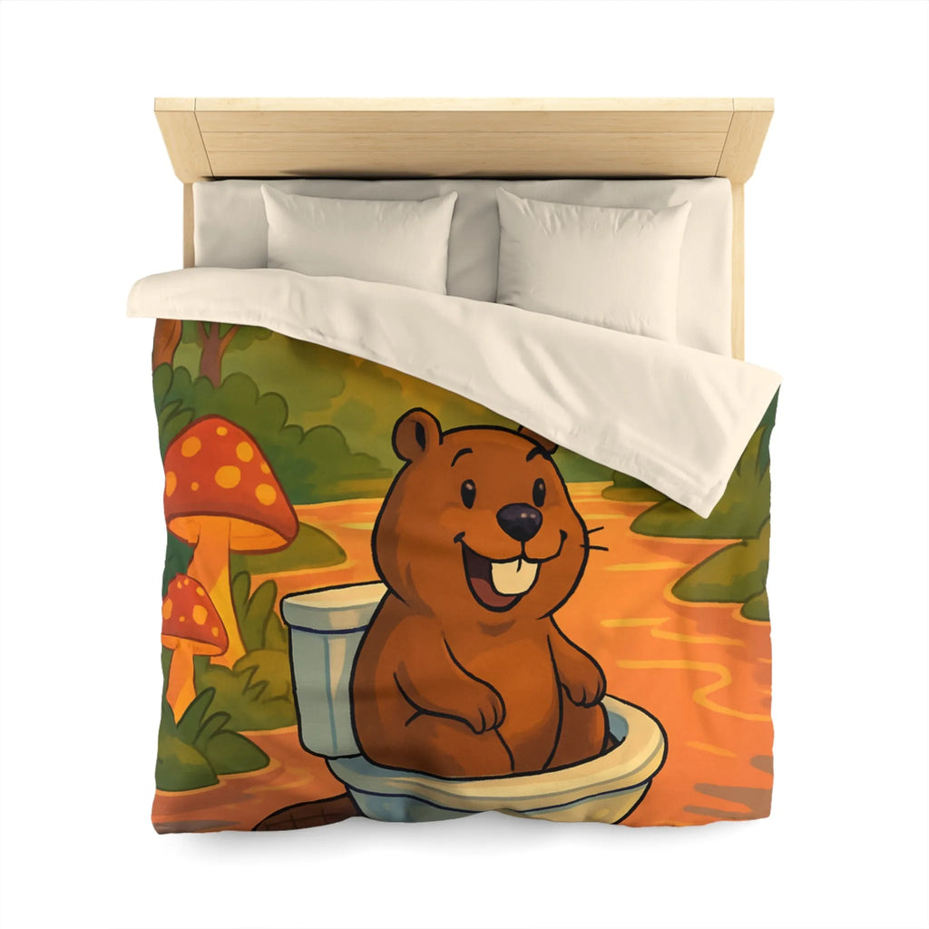 Housse de Couette Enfant Animée avec Castor Amusant et Paysage de Forêt Enchantée