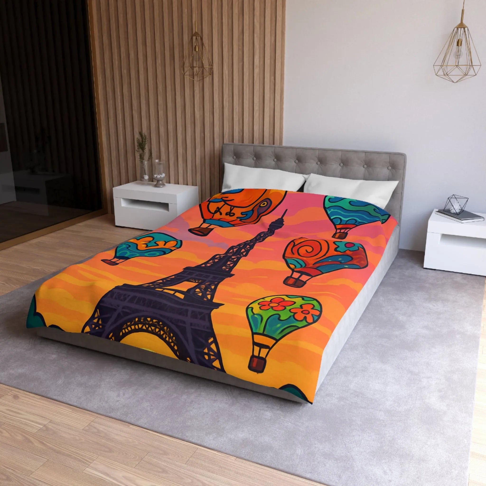 Housse de couette colorée avec montgolfières et tour Eiffel en coucher de soleil