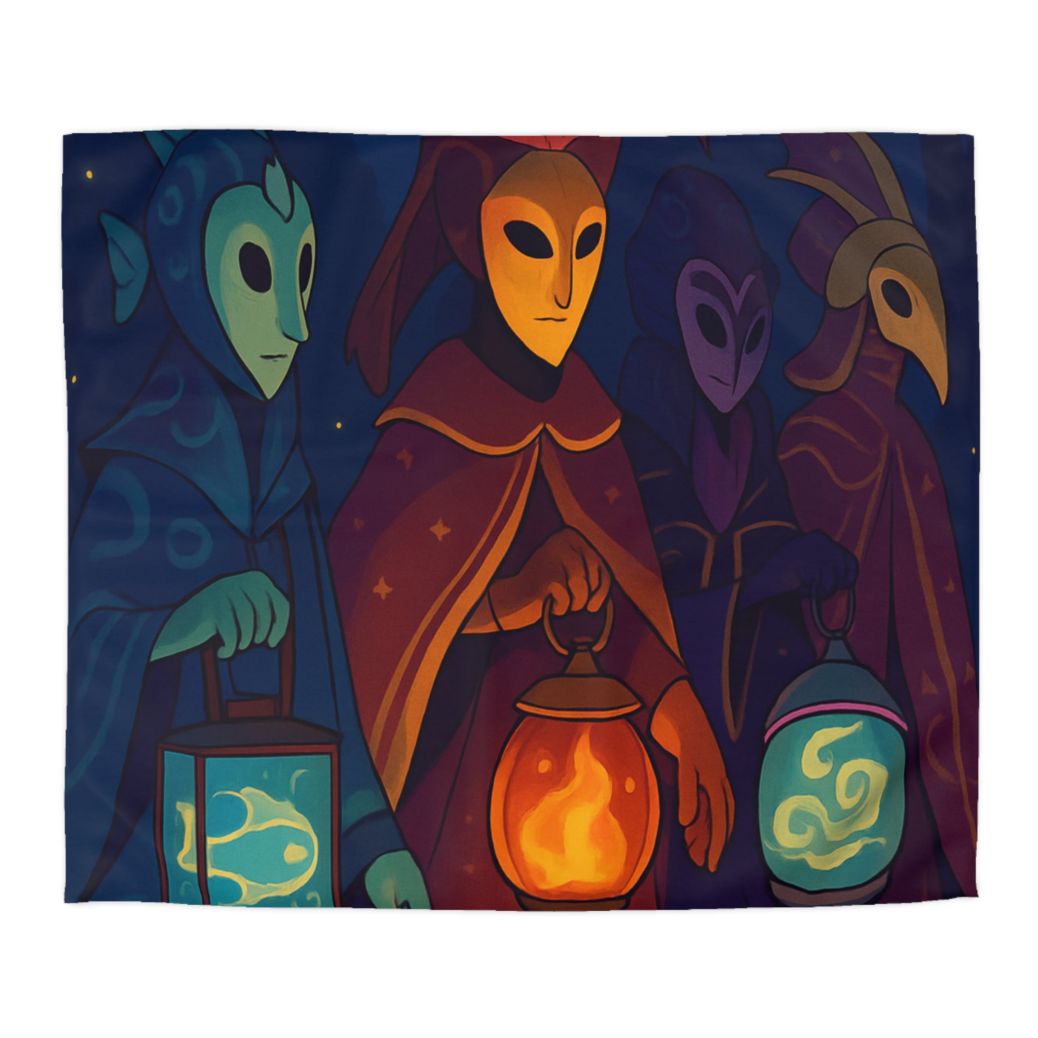 Housse de couette mystérieuse avec personnages masqués et lanternes en forêt étoilée