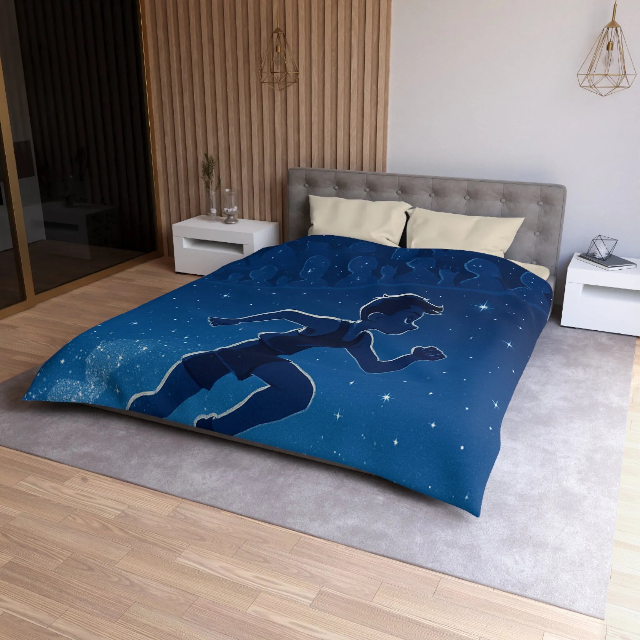 Housse de couette bleue nuit avec silhouette d'enfant courant sous ciel étoilé