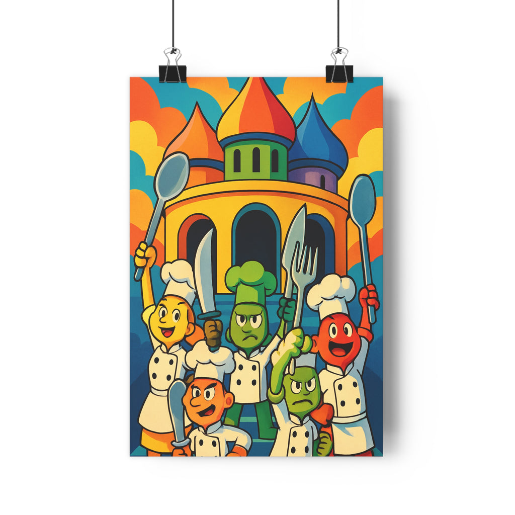 Poster décoratif cartoon coloré jaune rouge bleu cuisine joyeux dynamique chefs cuisine créatif unique