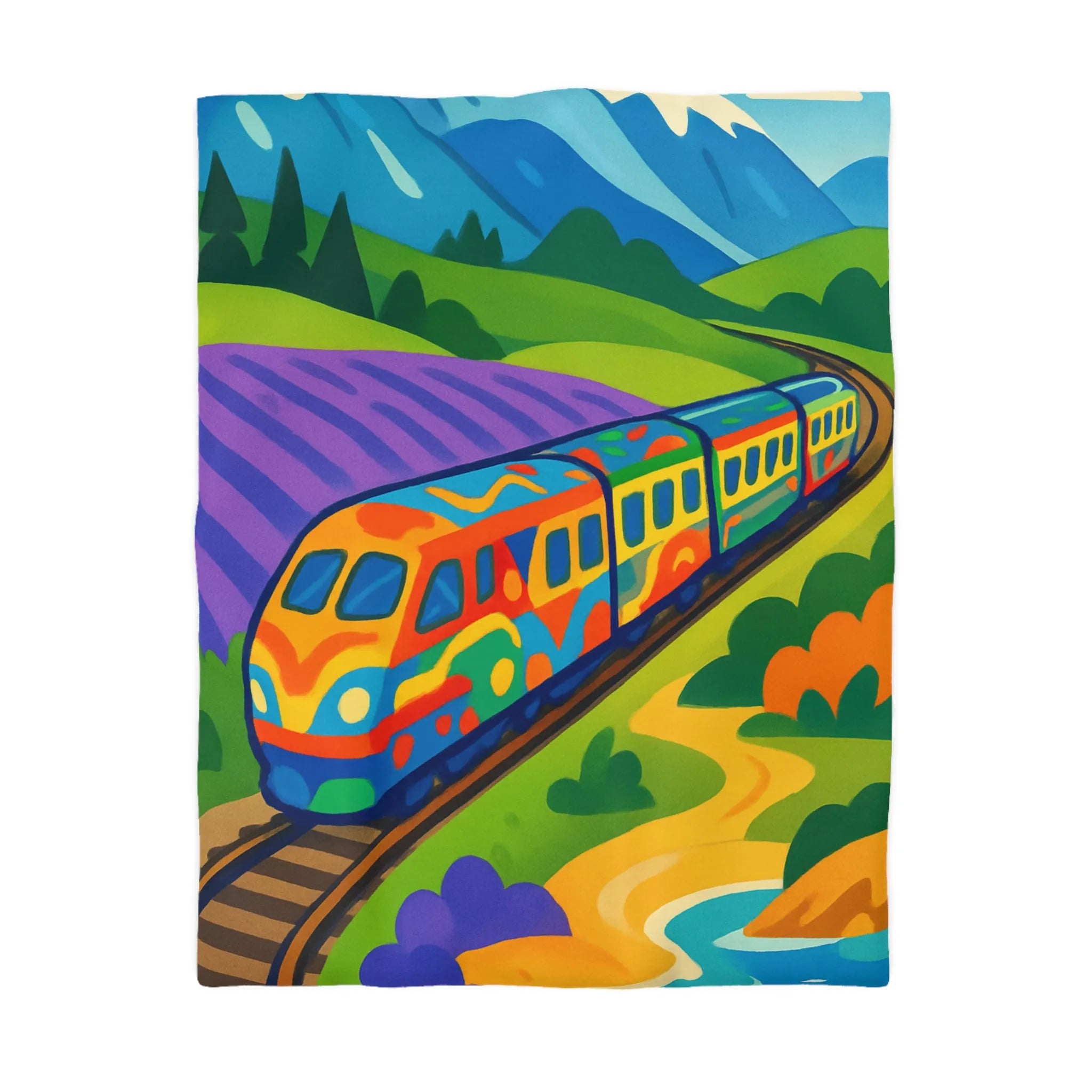 Housse de Couette Colorée avec Paysage de Train et Montagnes Pittoresques