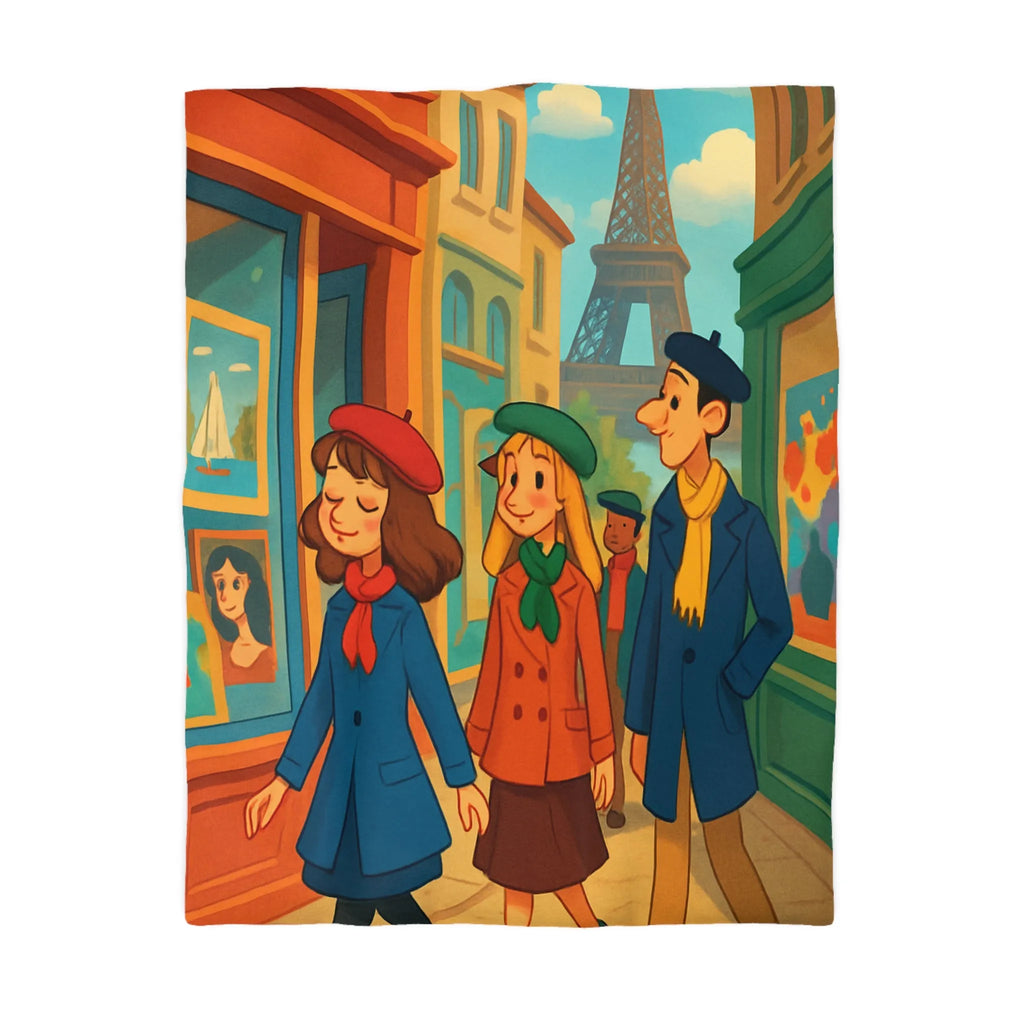 Housse de couette illustrée Paris promenade style rétro avec amis et Tour Eiffel