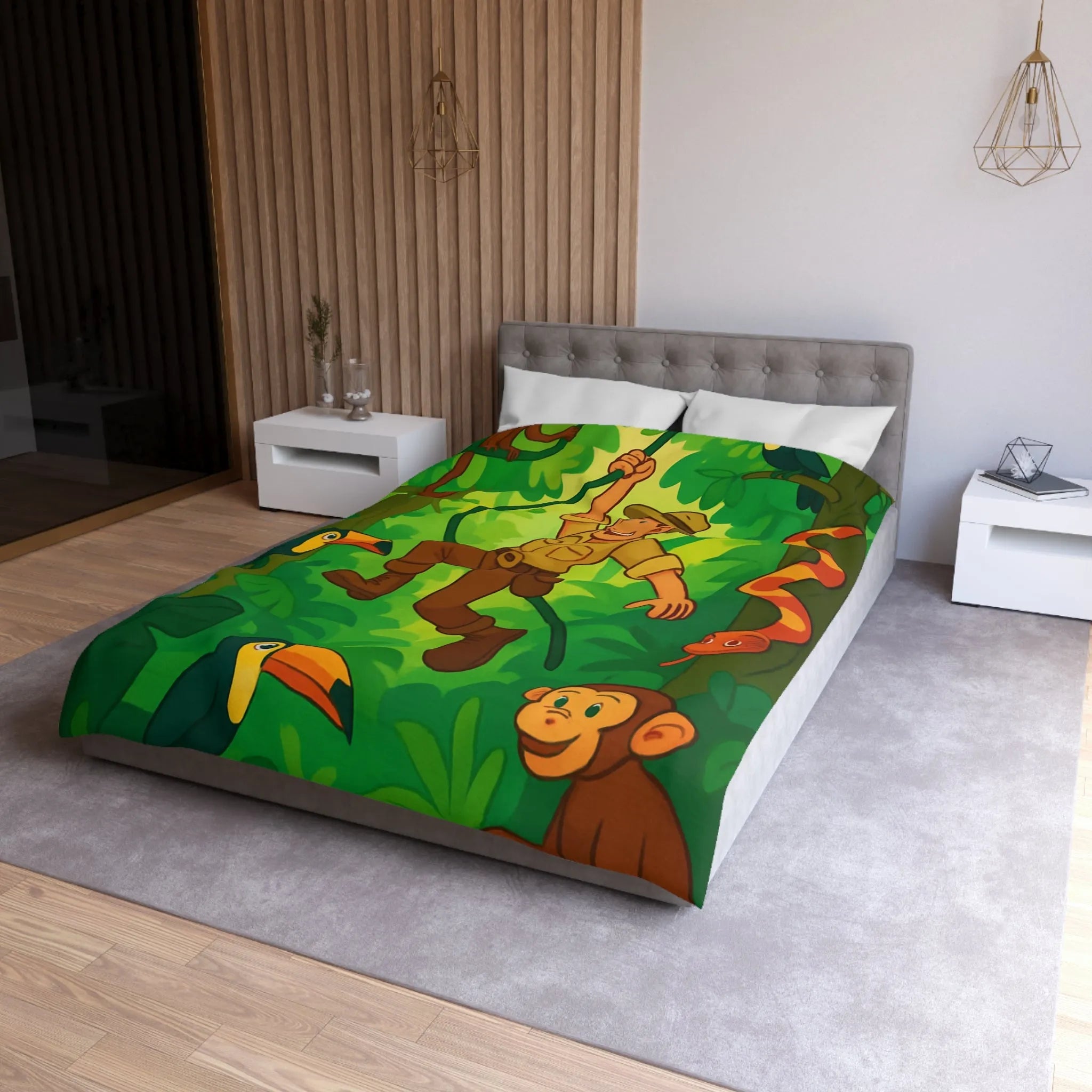 Housse de Couette Jungle Colorée avec Aventurier, Singes et Toucans pour Enfants
