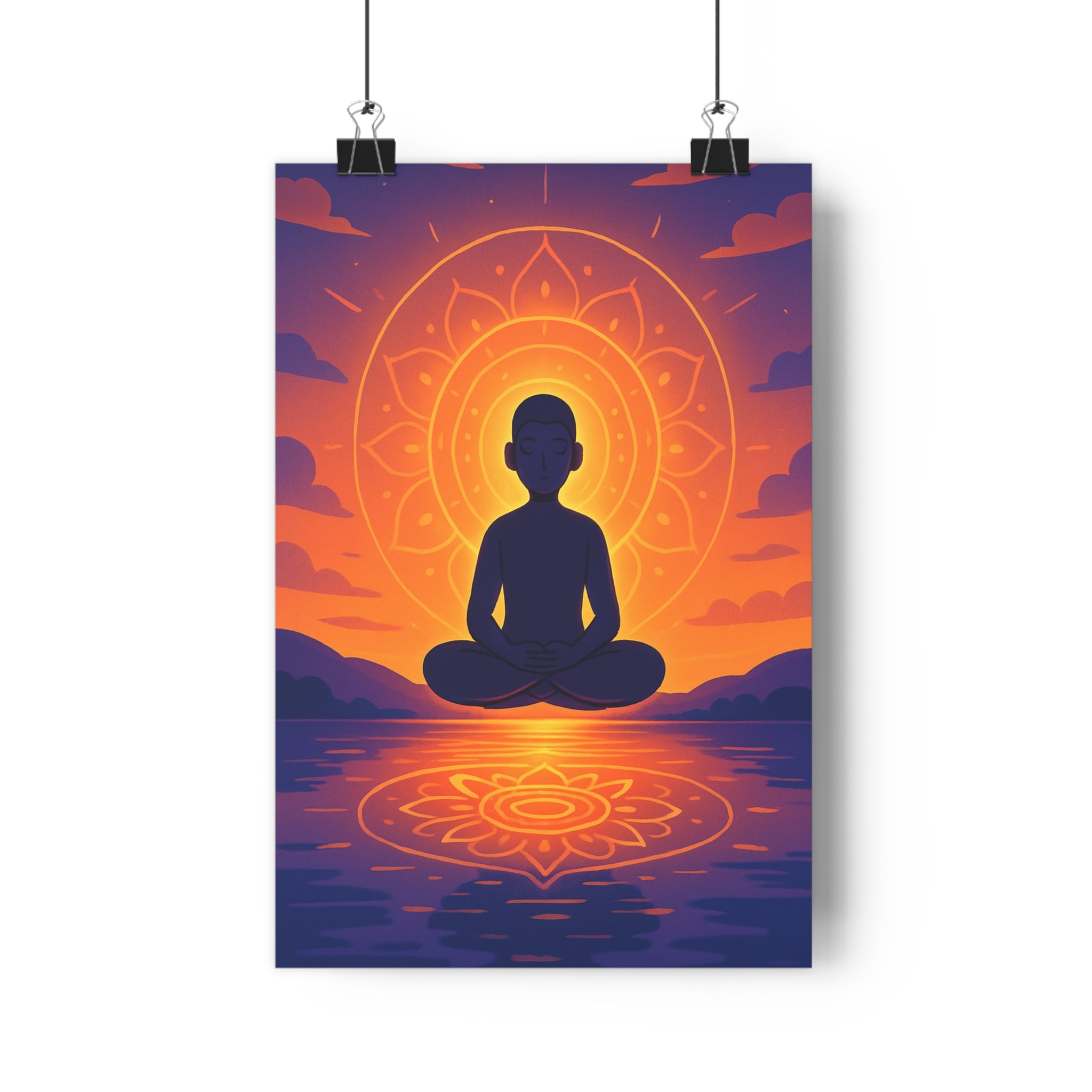 Poster décoratif méditation crépuscule orange violet silhouette mandala sérénité ambiance apaisante chambre salon bureau