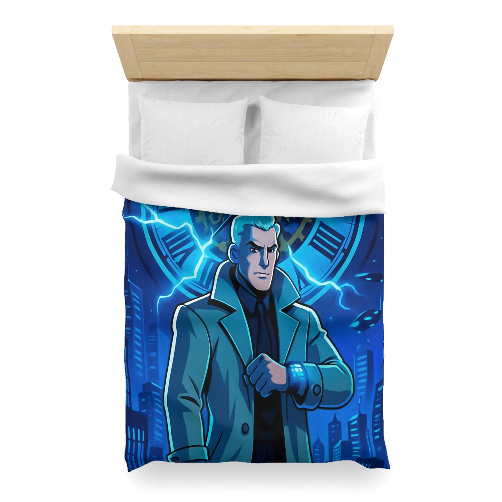 Housse de Couette Inspiration Futuriste avec Horloge Éclair et Personnage Mystérieux en Manteau