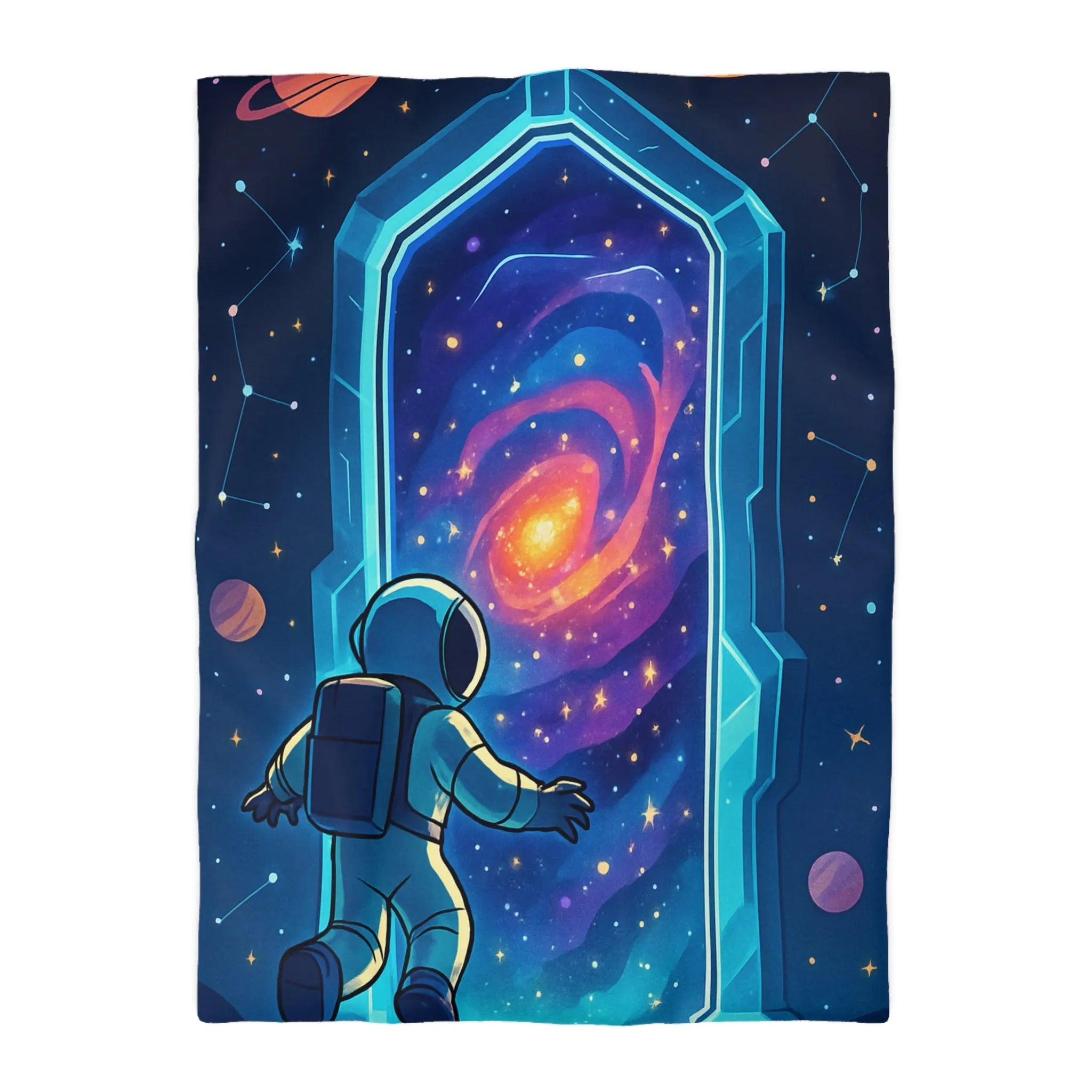 Housse de couette astronaute explorant portail galactique vibrant dans l'espace étoilé
