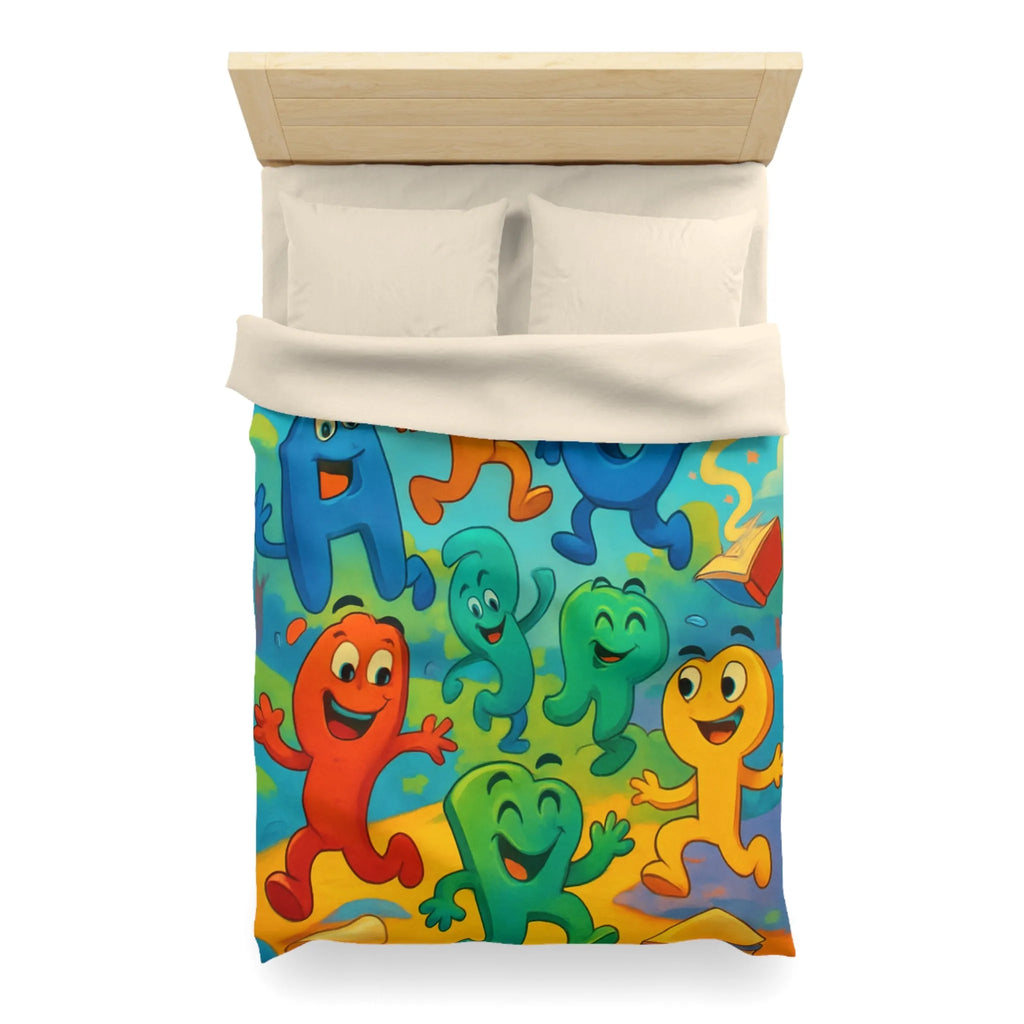 Housse de couette colorée avec lettres animées dans un paysage ludique et éducatif