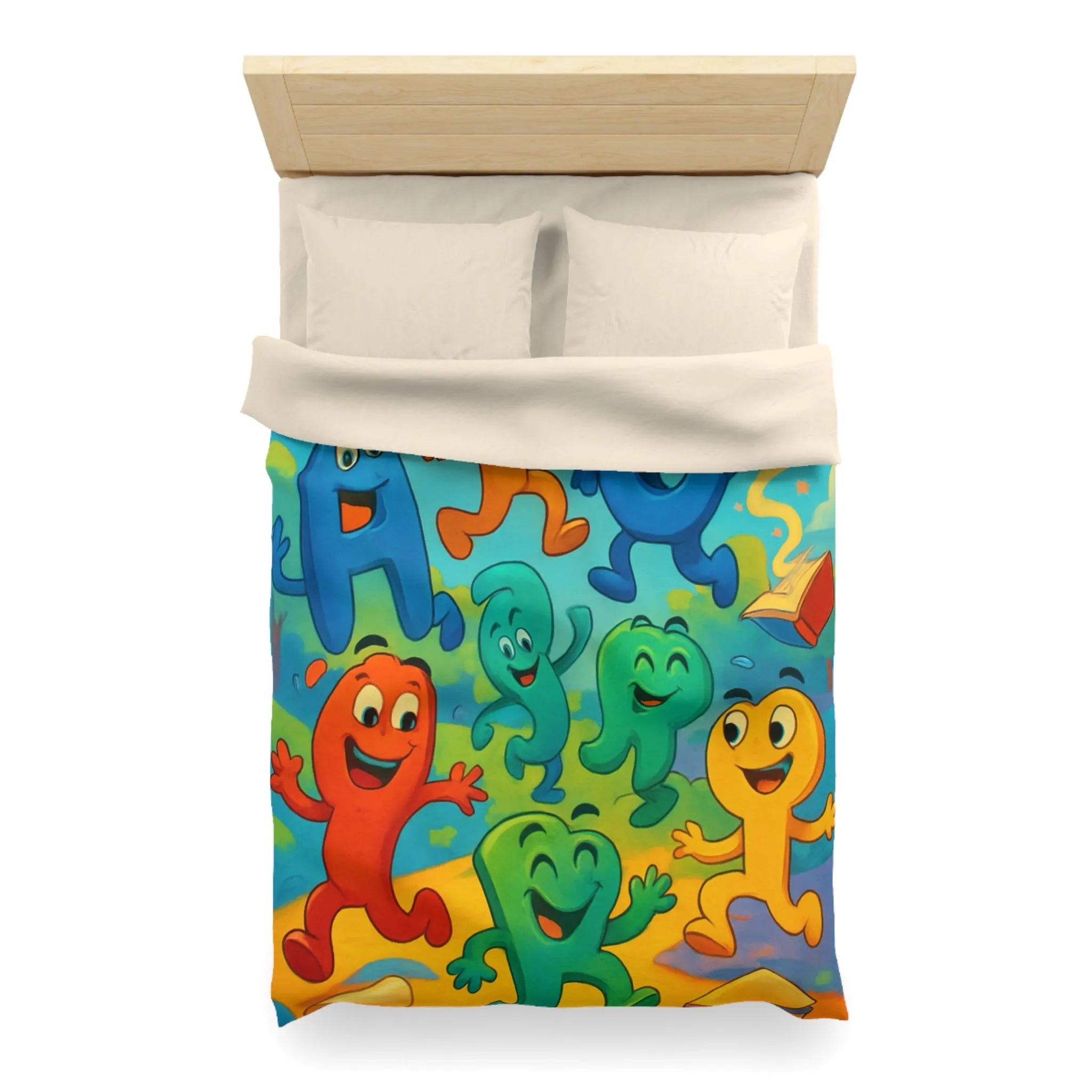 Housse de couette colorée avec lettres animées dans un paysage ludique et éducatif