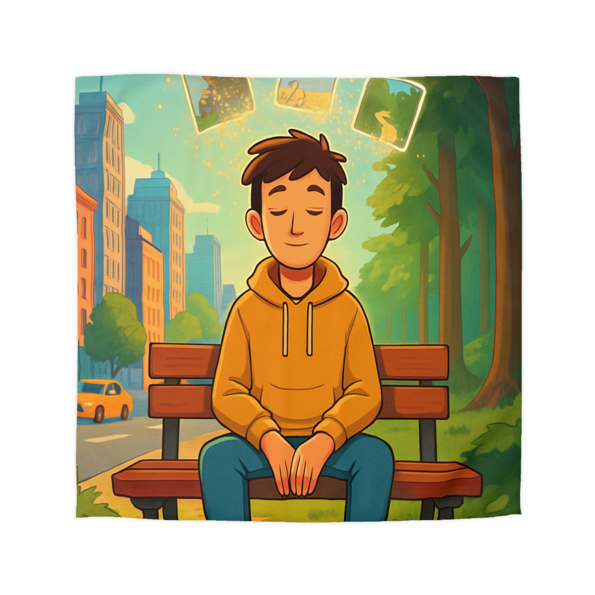 Housse de couette rêveuse garçon banco bois cartes illuminées parc illustré nature