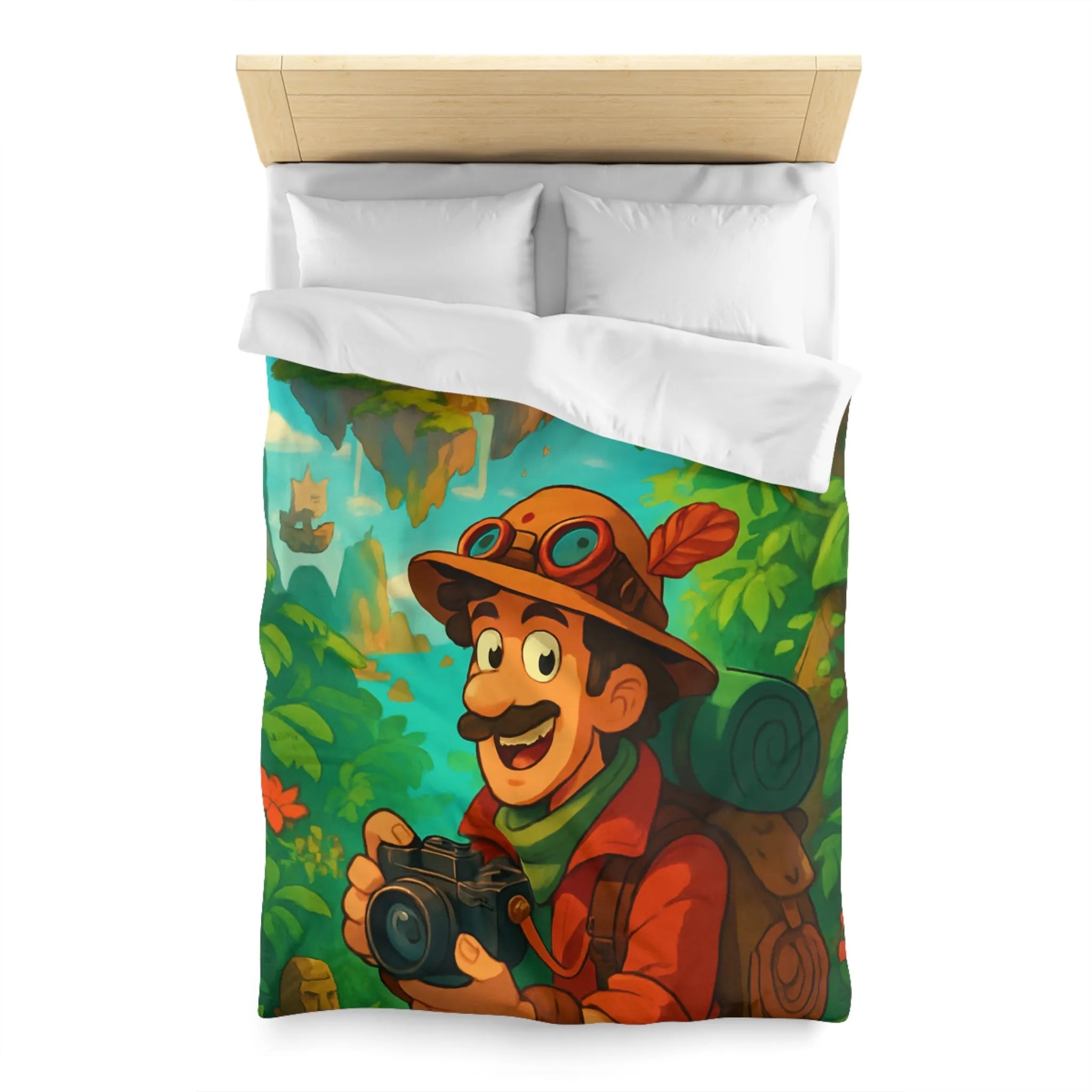 Housse de couette illustrée avec explora-monde et château volant dans jungle exotique