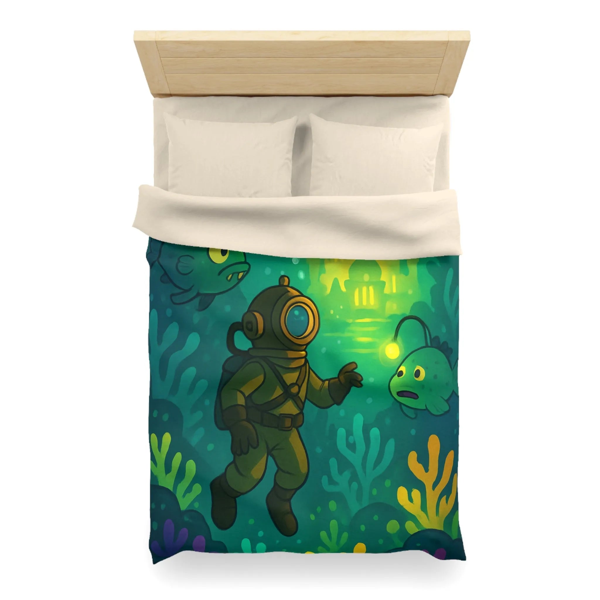 Décor de lit avec scaphandrier et poissons lumineux dans une cité sous-marine fantastique
