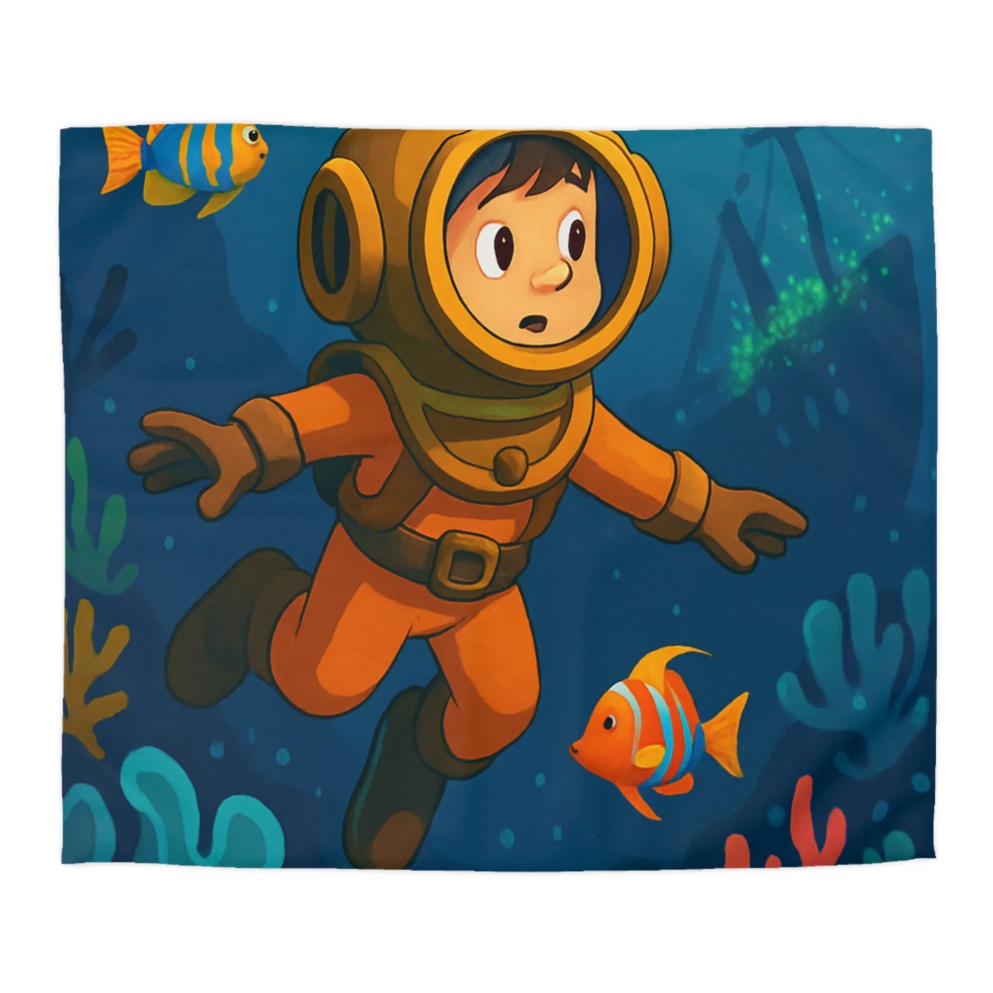 Housse de couette colorée enfant : plongeur sous-marin, poissons tropicaux et épave mystérieuse