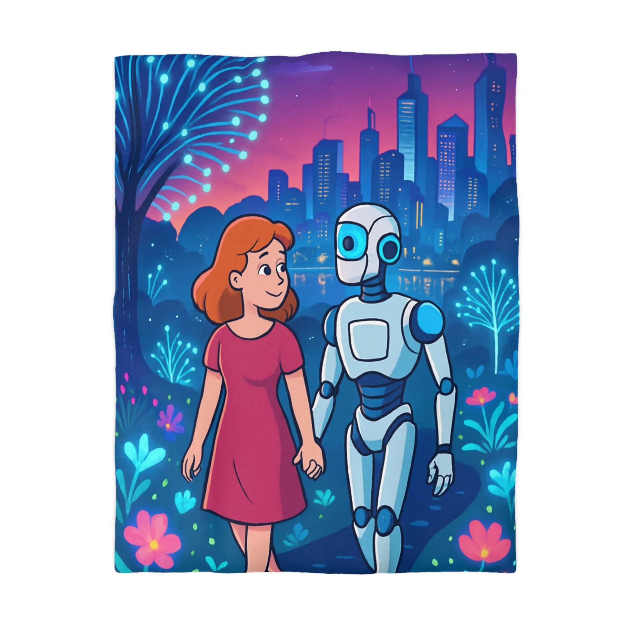 Housse de Couette Enchantée: Enfant et Robot dans un Univers Coloré et Futuriste