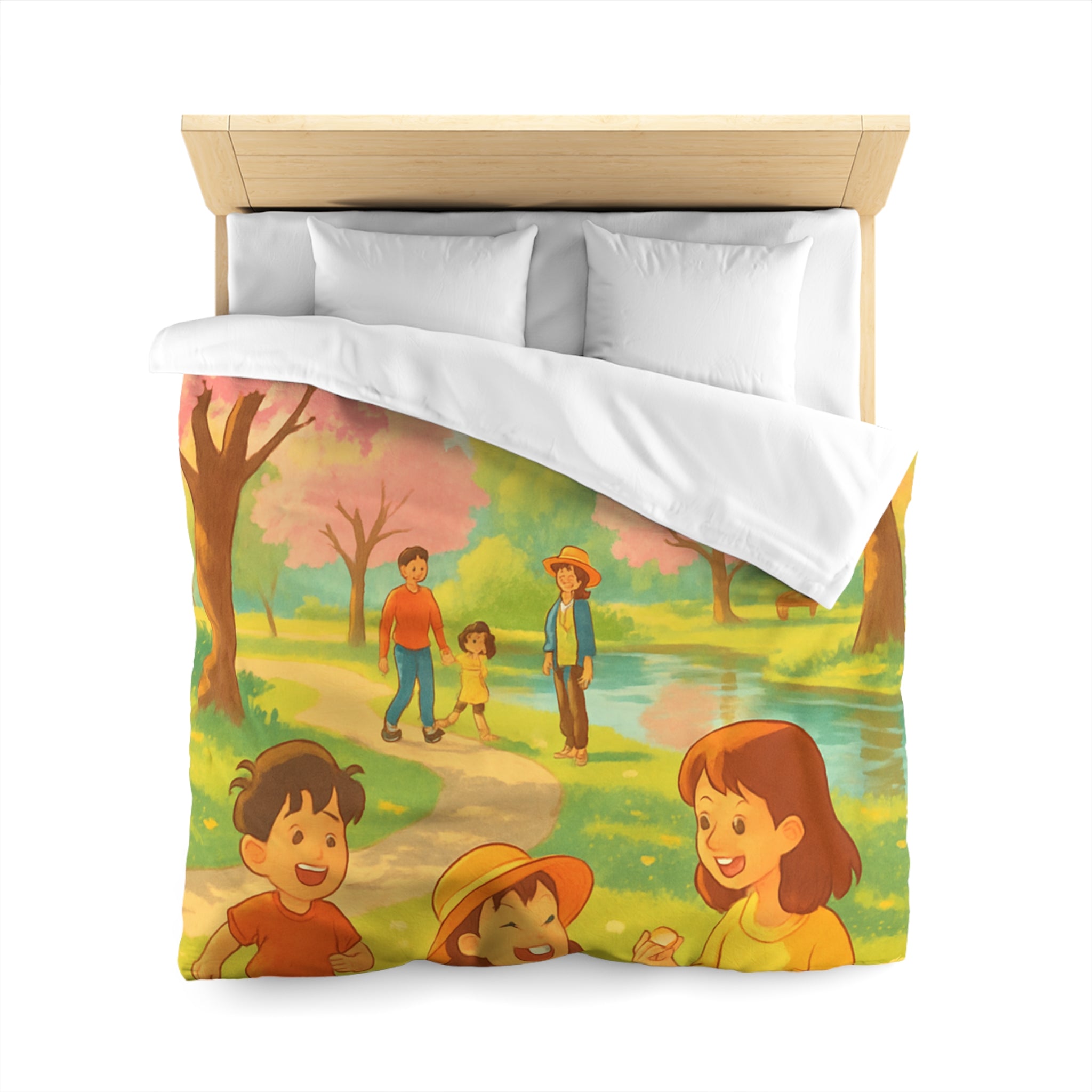 Housse de Couette Printanière avec Scène de Pique-nique Sous Cerisiers en Fleurs