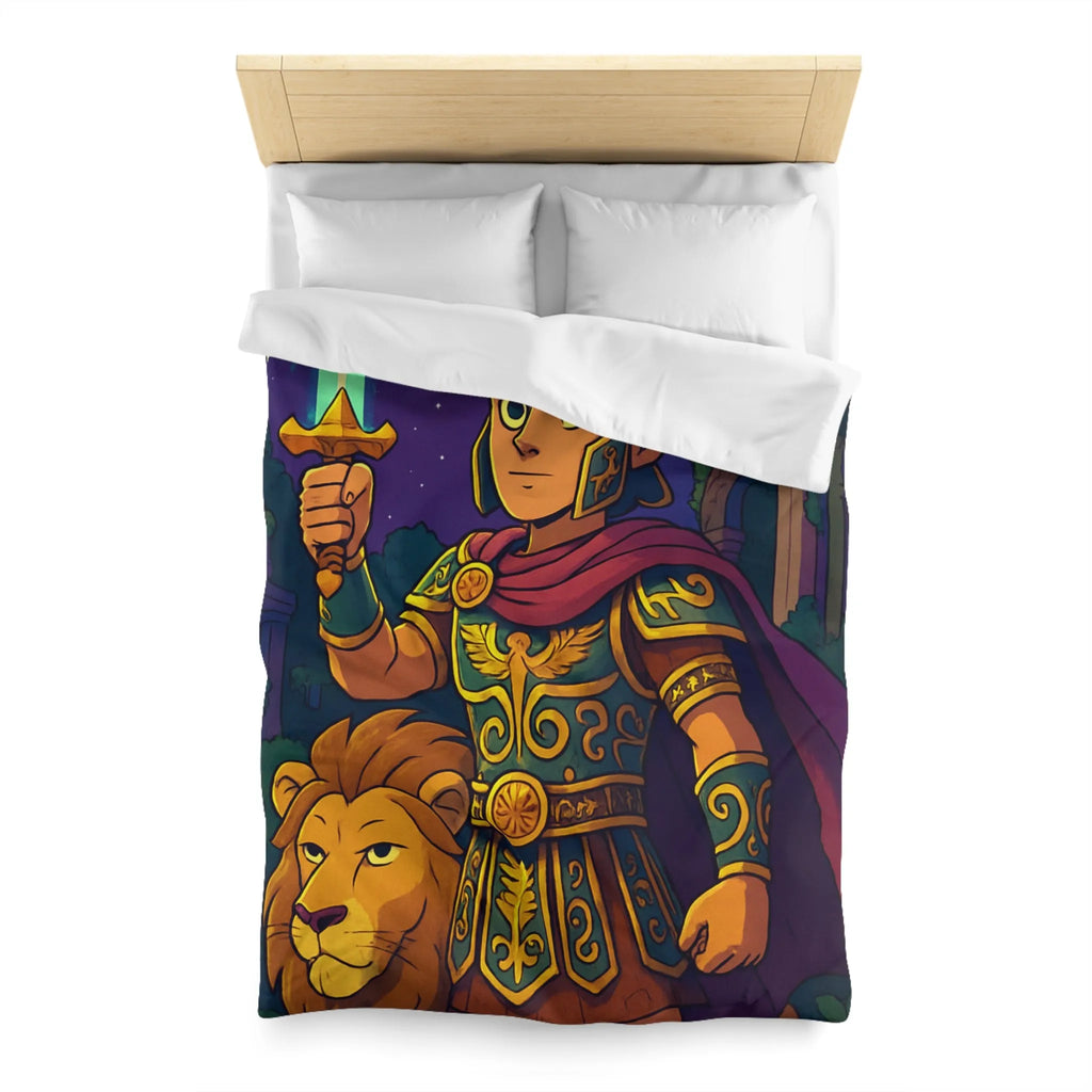 Housse de couette épique pour enfants avec un guerrier et un lion mythiques