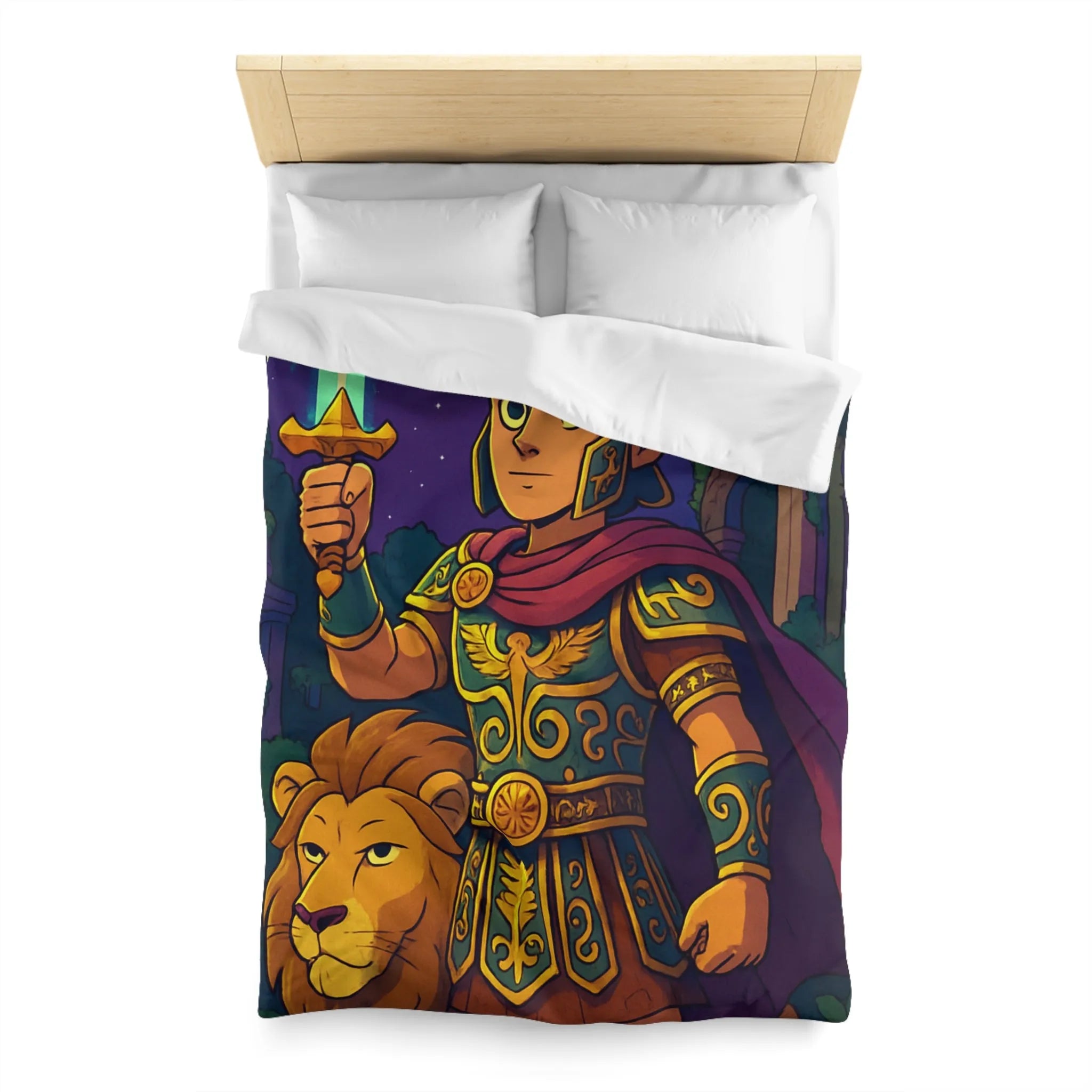 Housse de couette épique pour enfants avec un guerrier et un lion mythiques