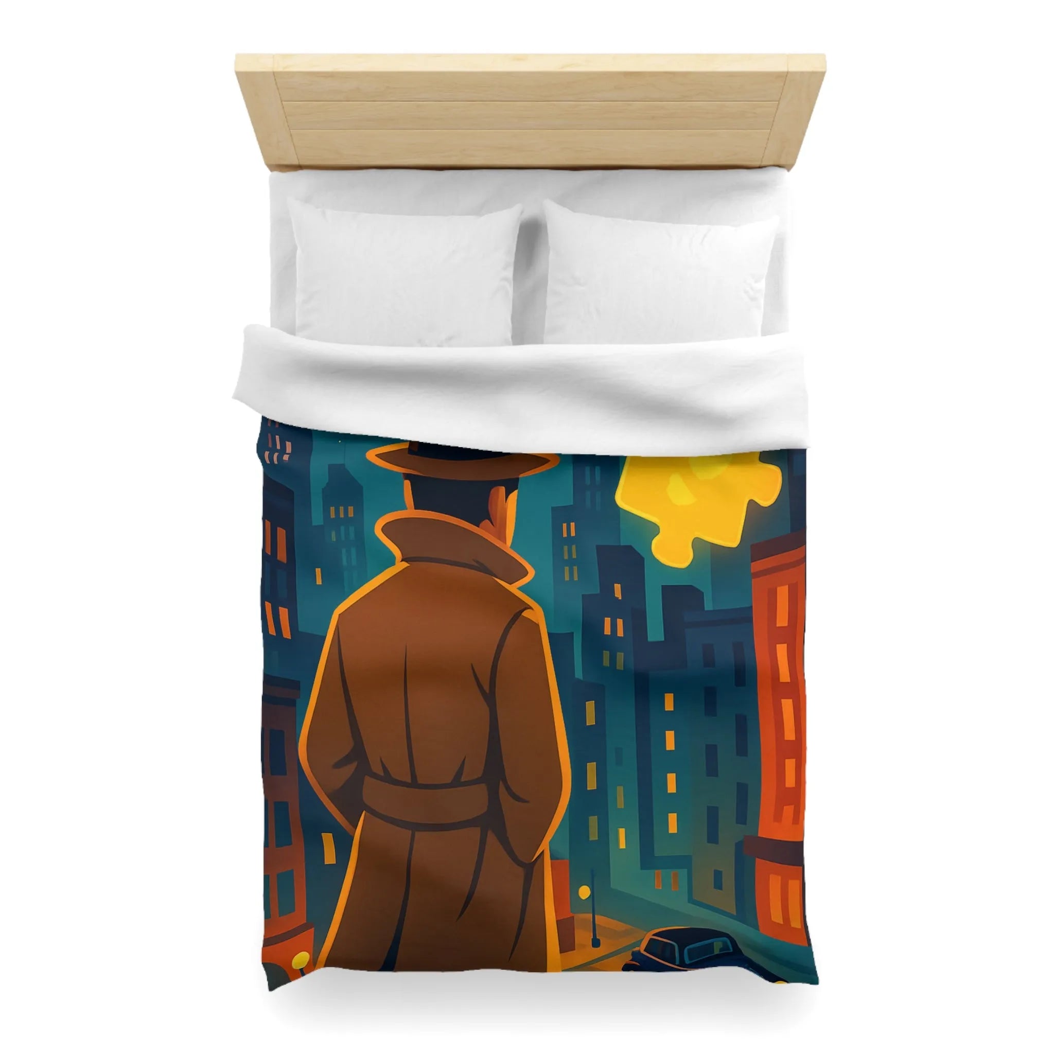 Enquête urbaine rétro avec puzzle lumineux sur housse de couette style détective nocturne