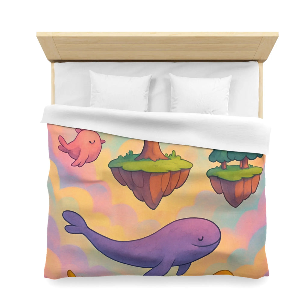 Housse de couette avec îles flottantes et créatures rêveuses dans un ciel magique