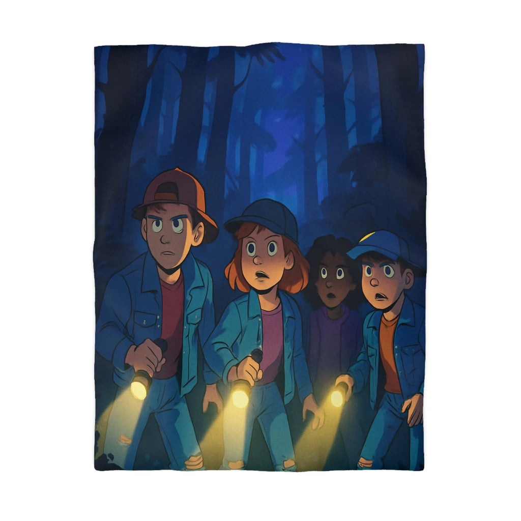 Housse de couette forêt mystérieuse enfants explorateurs avec lampes de poche illustration nocturne