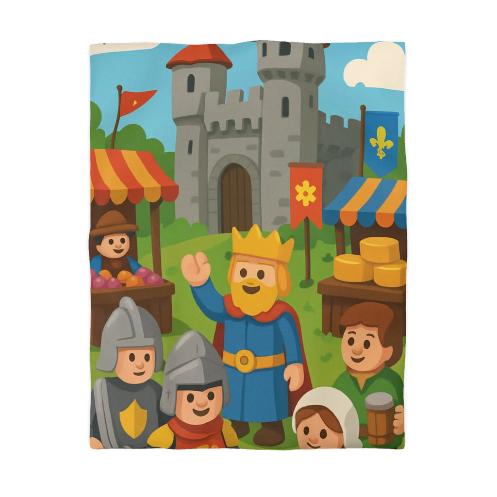 Housse de Couette Ludique Moyen Âge Château Roi et Marché Animé Coloré