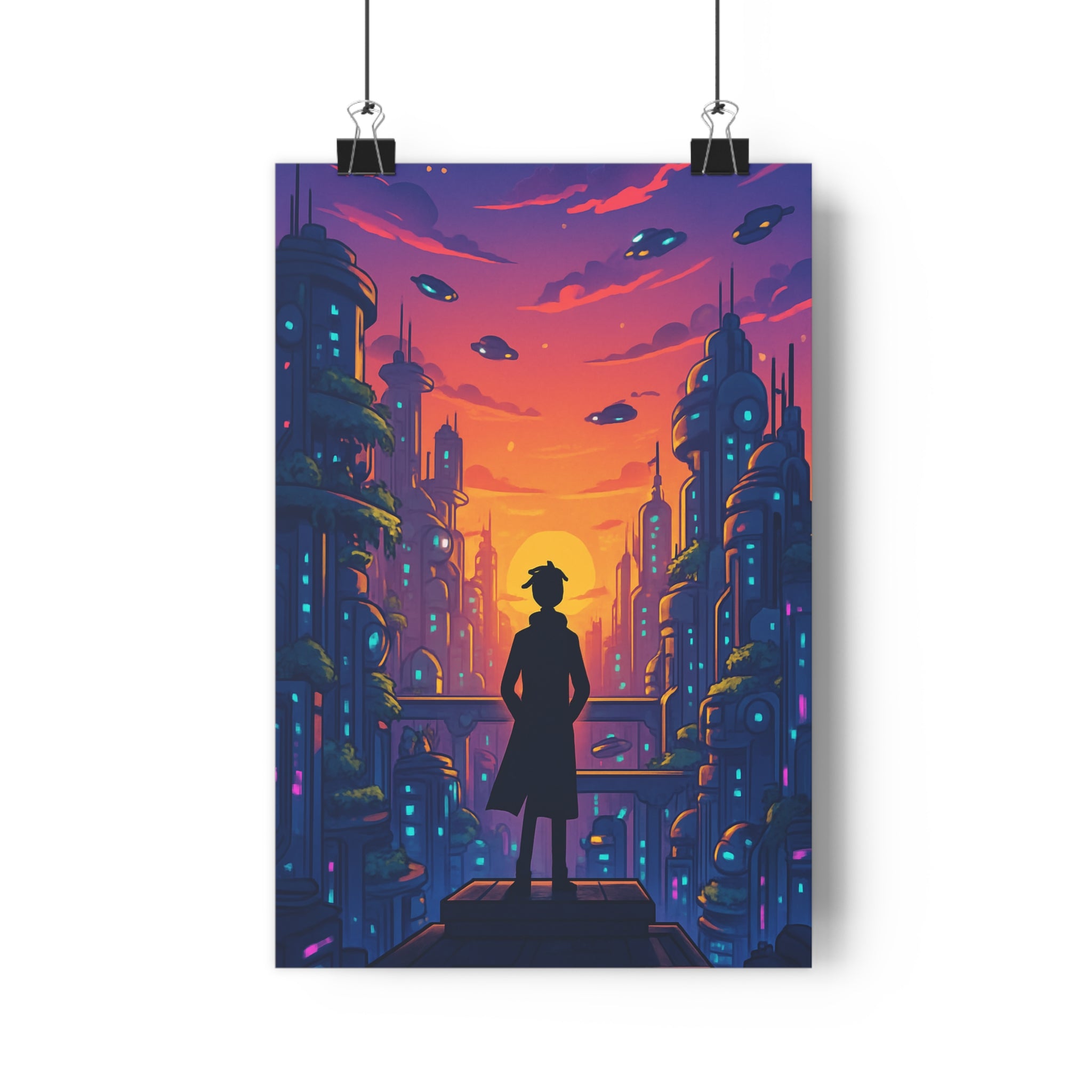 Poster décoratif futuriste sciencefiction ville illuminée moderne salon bureau 30x46 cm contrastes vaisseaux coucher