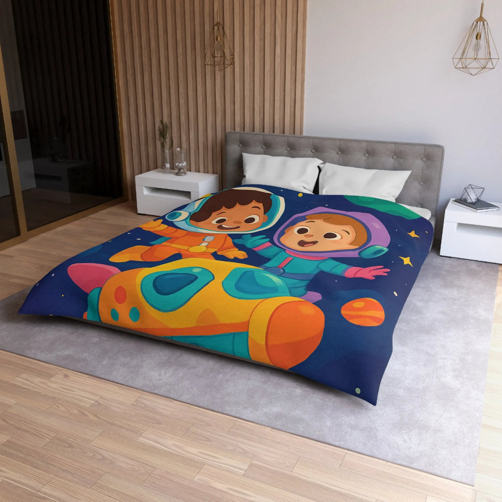 Couette Enfantine Cosmos : Enfants en Vaisseau Spatial avec Planètes et Étoiles Colorées