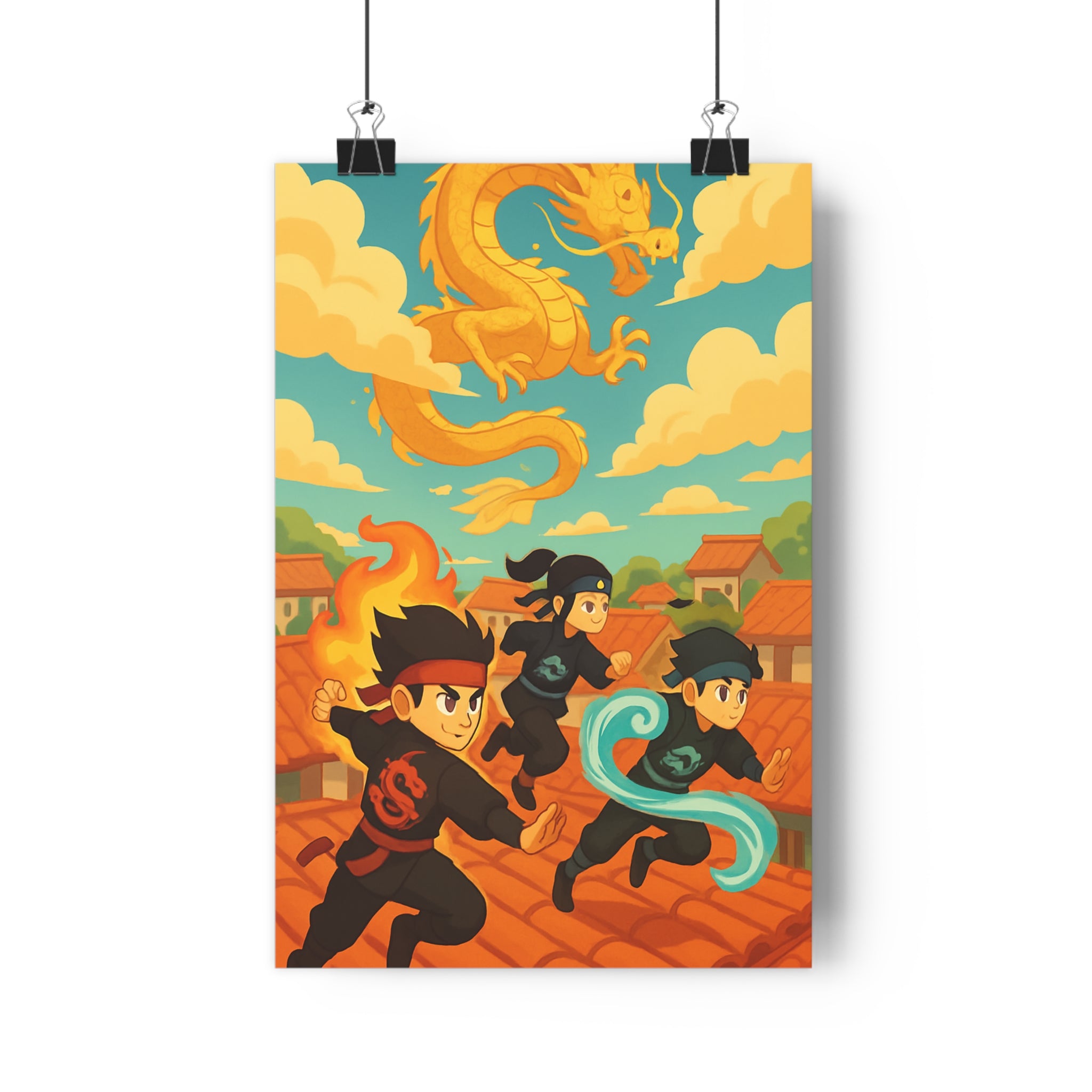 Poster décoratif anime dynamique coloré rouge bleu jaune aventure fantastique chambre salon enfant ninja