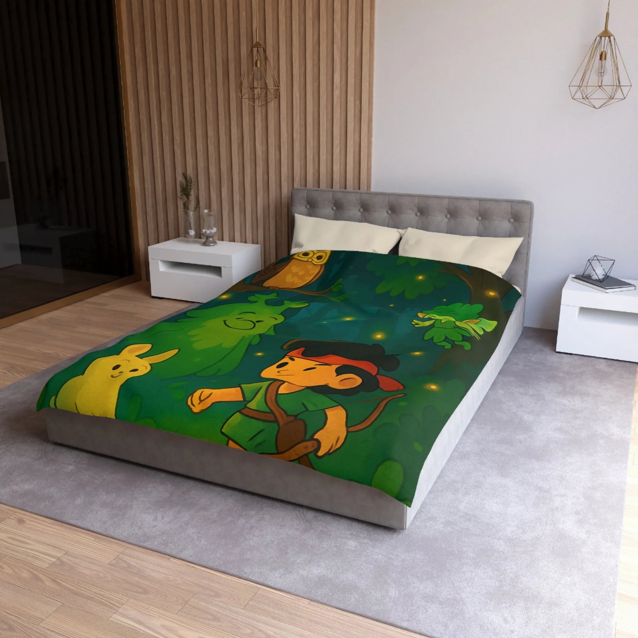 Housse de couette enfant illustrée avec scène de forêt enchantée et personnages magiques