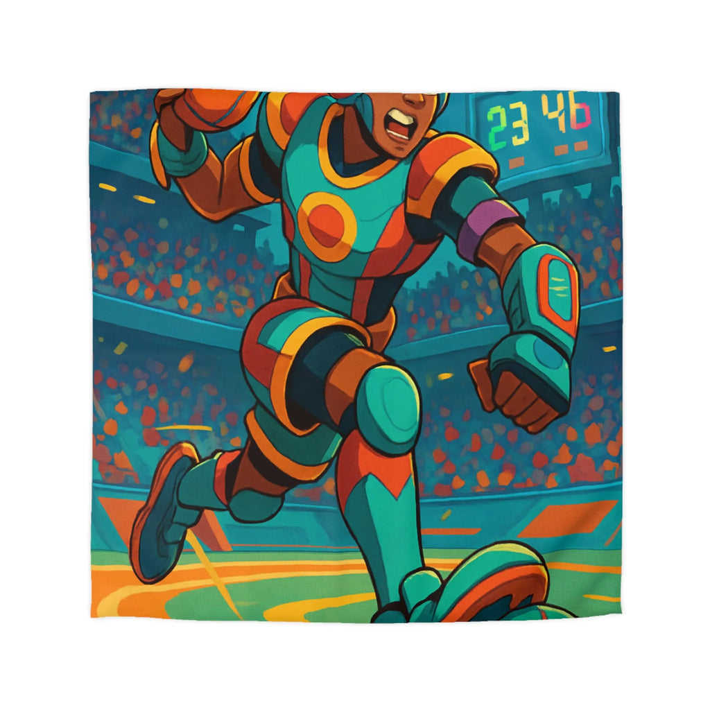 Housse de couette colorée avec joueur futuriste en action dans un stade dynamique
