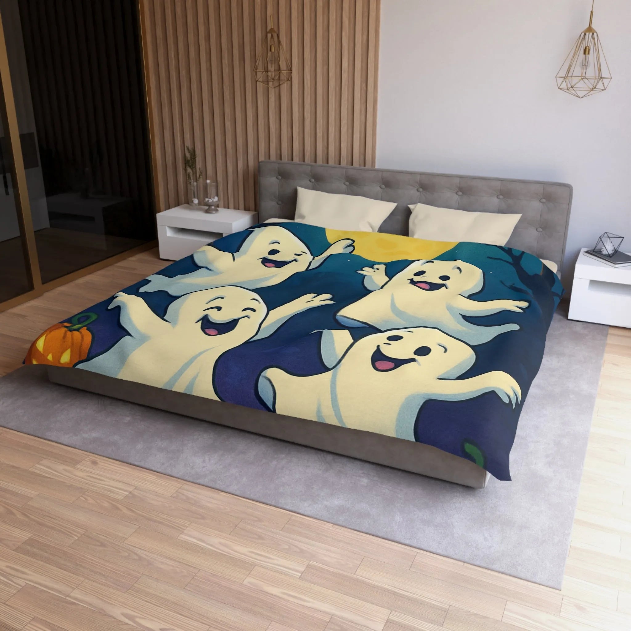 Housse de couette fantaisie avec esprits dansants sous lune et chauves-souris effrayantes