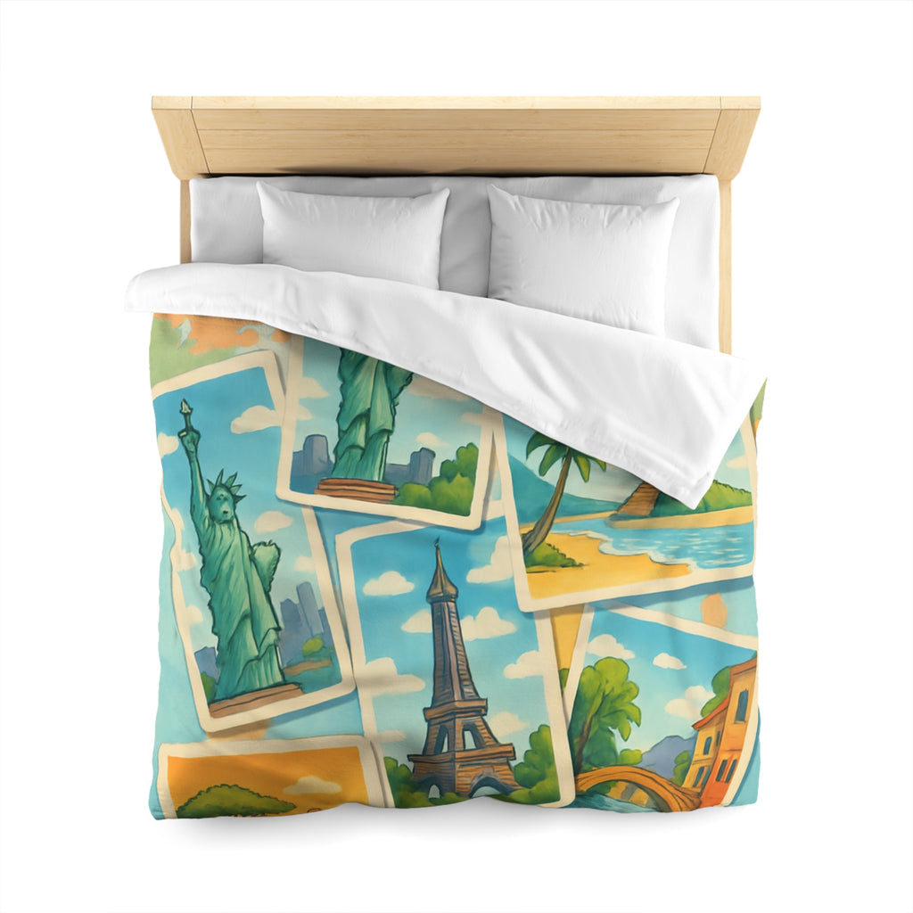 Voyage Mondial Coloré: Housse de Couette avec Monuments et Paysages Iconiques des Continents
