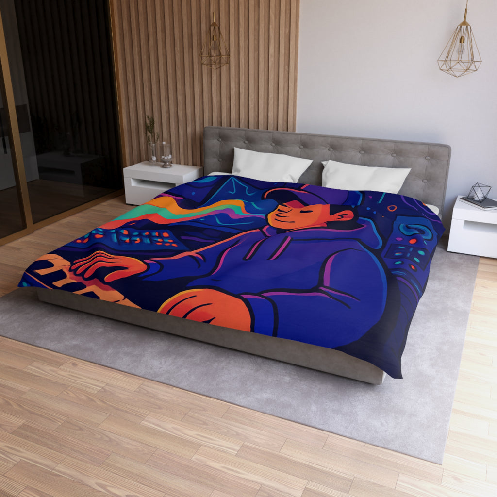 Housse de couette vibrante avec musicien dans un studio coloré et moderne