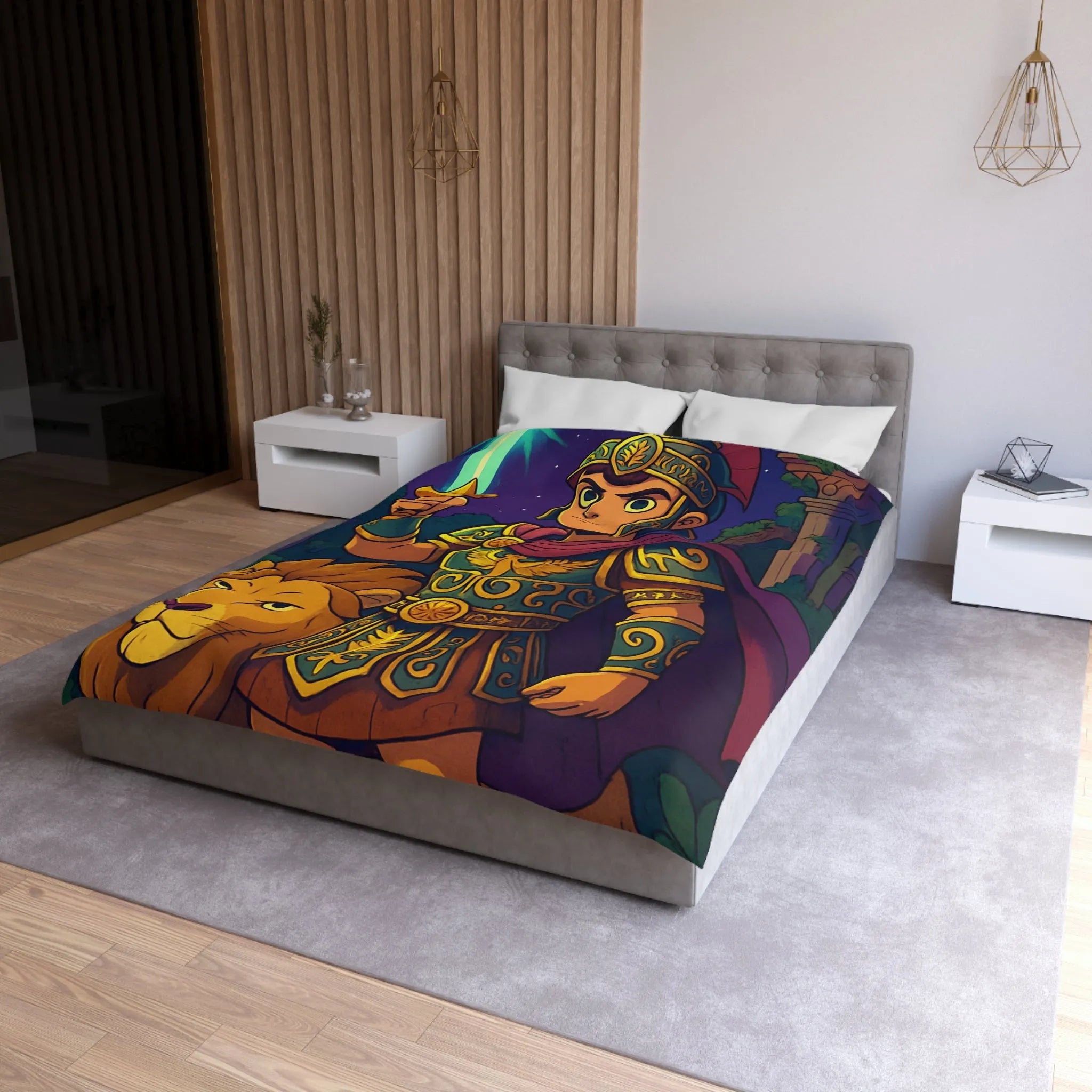 Housse de couette épique pour enfants avec un guerrier et un lion mythiques