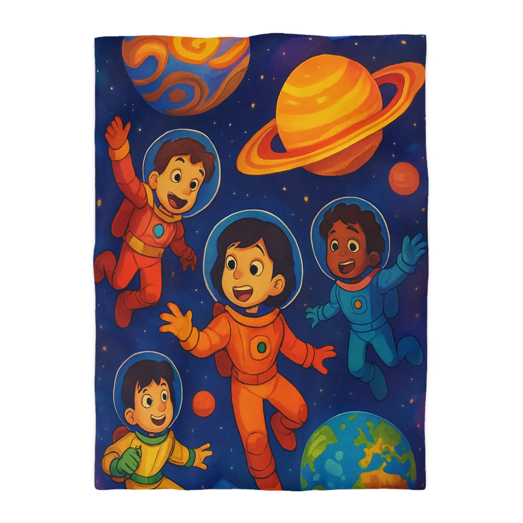 Housse de couette enfants avec astronautes joyeux flottant dans l'espace coloré et planètes